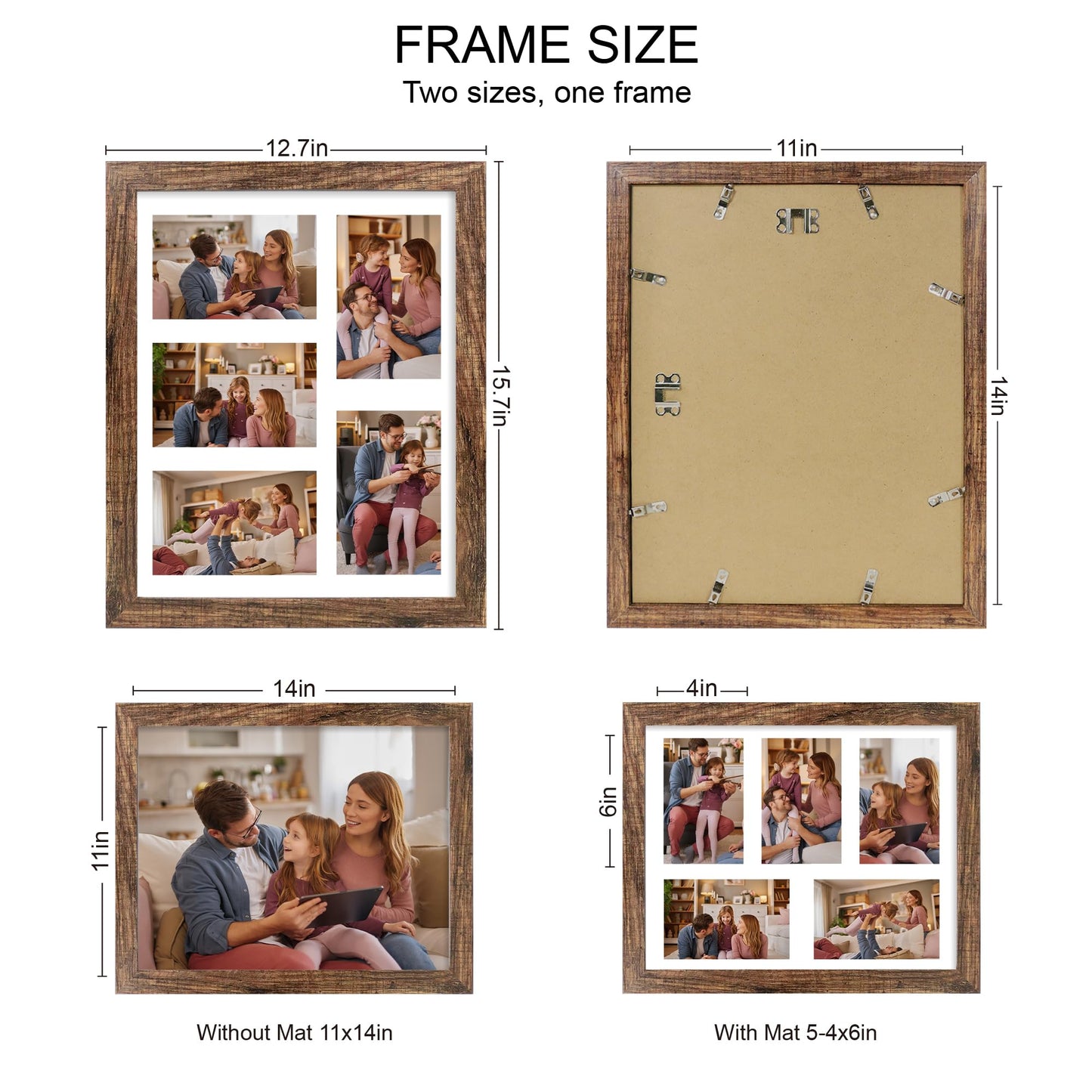 Hongkee 11x14 Picture Frame Set of 2, Rustic Brown Wood Frame with Real Glass Collage Picture Frames, Display Pictures Five 4x6 With Mat or 11 x 14 Without Mat, Photo Frames Wall Gallery