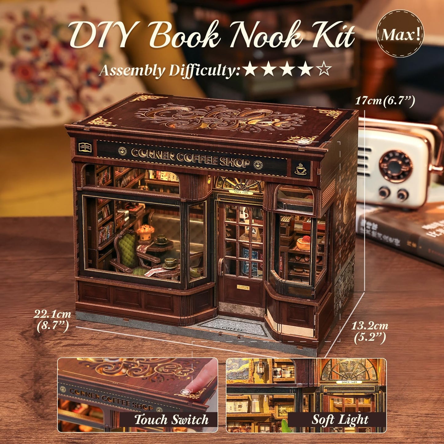 CUTEBEE Book Nook Kit - DIY Miniature House Coffee Shop Dollhouse Kit for Adults, Booknook Tiny House Bookshelf Decor 3D Wooden Puzzle, Gifts for Family, Friends (Corner Coffee Shop)