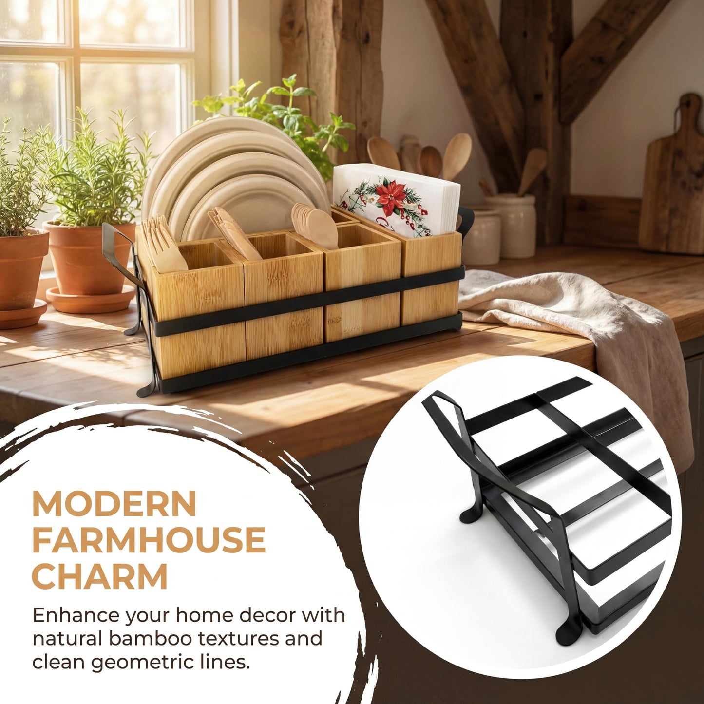 GOXTBBW Bamboo Utensil Caddy with Handle - 5 Compartment Silverware Holder for Party & Kitchen Countertop - Removable Wooden Flatware Organizer for Picnic, BBQ, Buffet, RV & Outdoor Dining