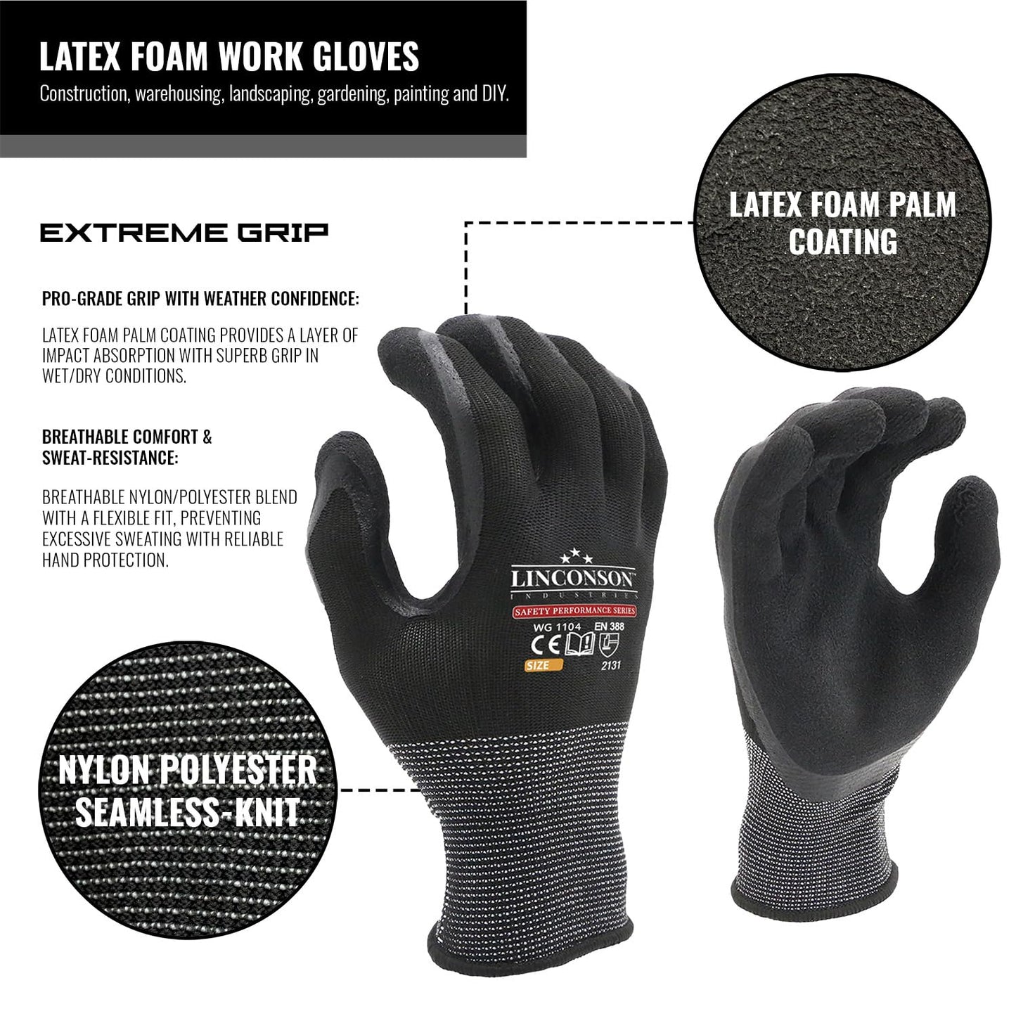 linconson 12 Pack Safety Performance Series Construction Mechanics Work Gloves (S (Pack of 12), Black)