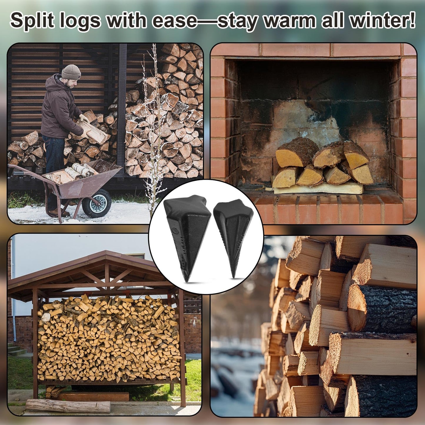 Otoolling 2 Pcs 4 & 5 Lbs Wood Splitting Wedges Manual Log Splitter Wedge 4-direction Diamond Design Forged Steel Tool for Easy Wood Splitting Splits Firewood into 4 Pieces Less Effort (Black)
