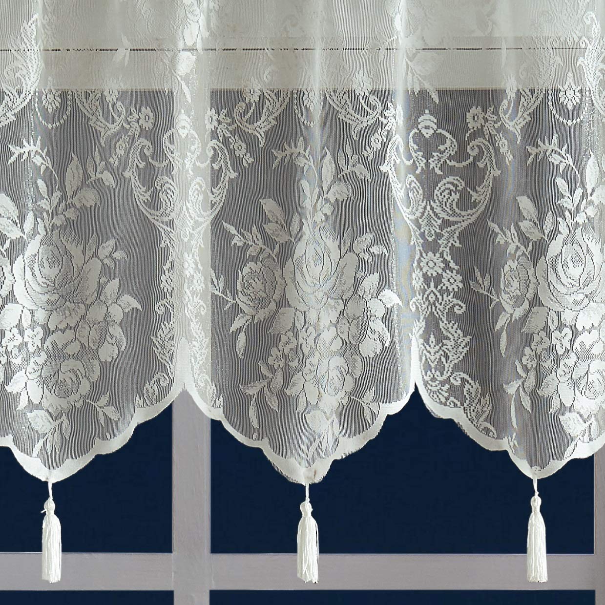Warm Home Designs Pair of 2 Ivory Color Long Length 54” (W) x 96” (L) Semi Sheer Lace Curtain Panels & Attached Matching Valances with 6 Tassels. Classic Elegant English Rose Pattern. L Ivory 96”