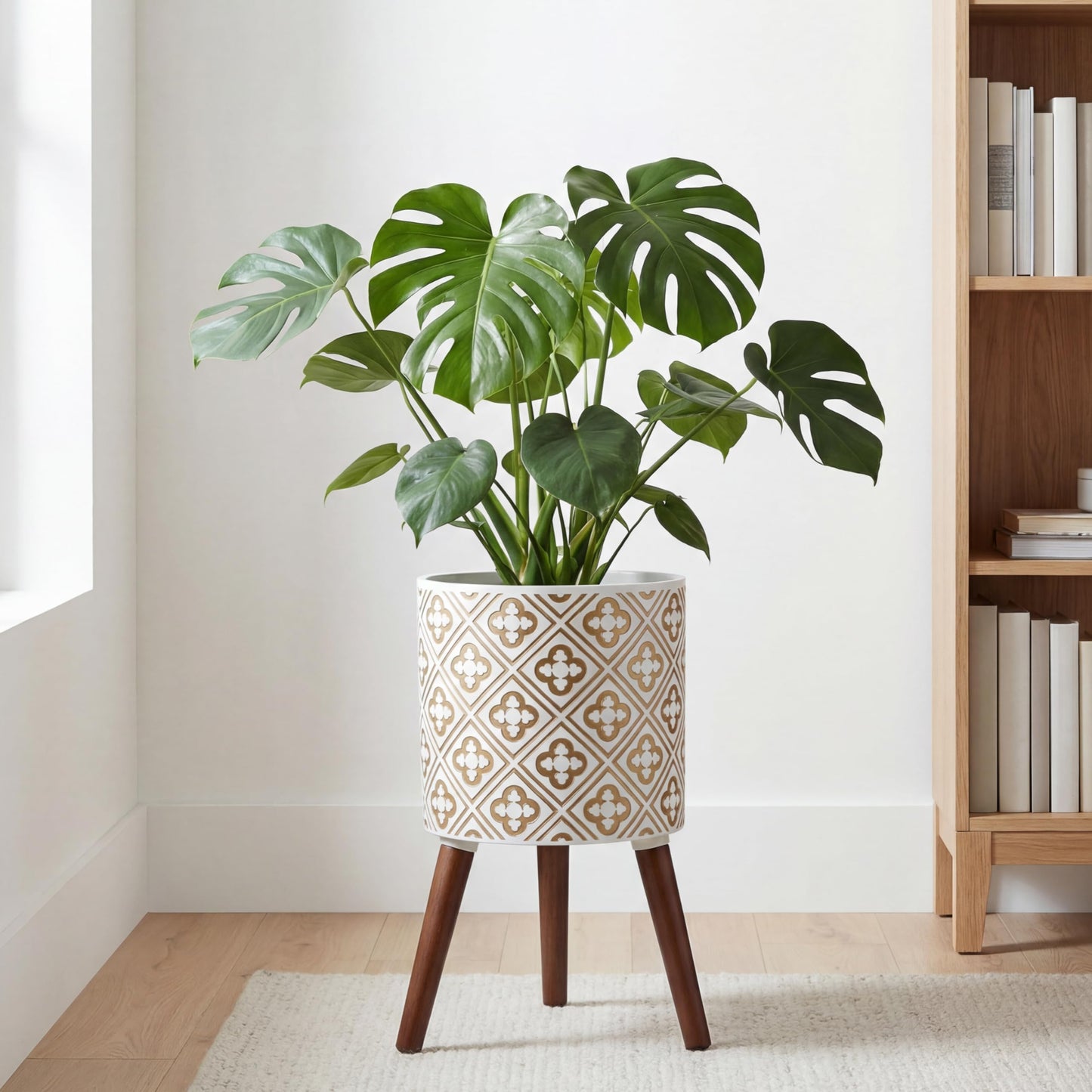 naclto 10 Inch Planter with Stand, Plant Pot for Indoor Plants, Large Modern Flower Pots Indoor Outdoor with Drainage for Home Garden Patio, White & Gold