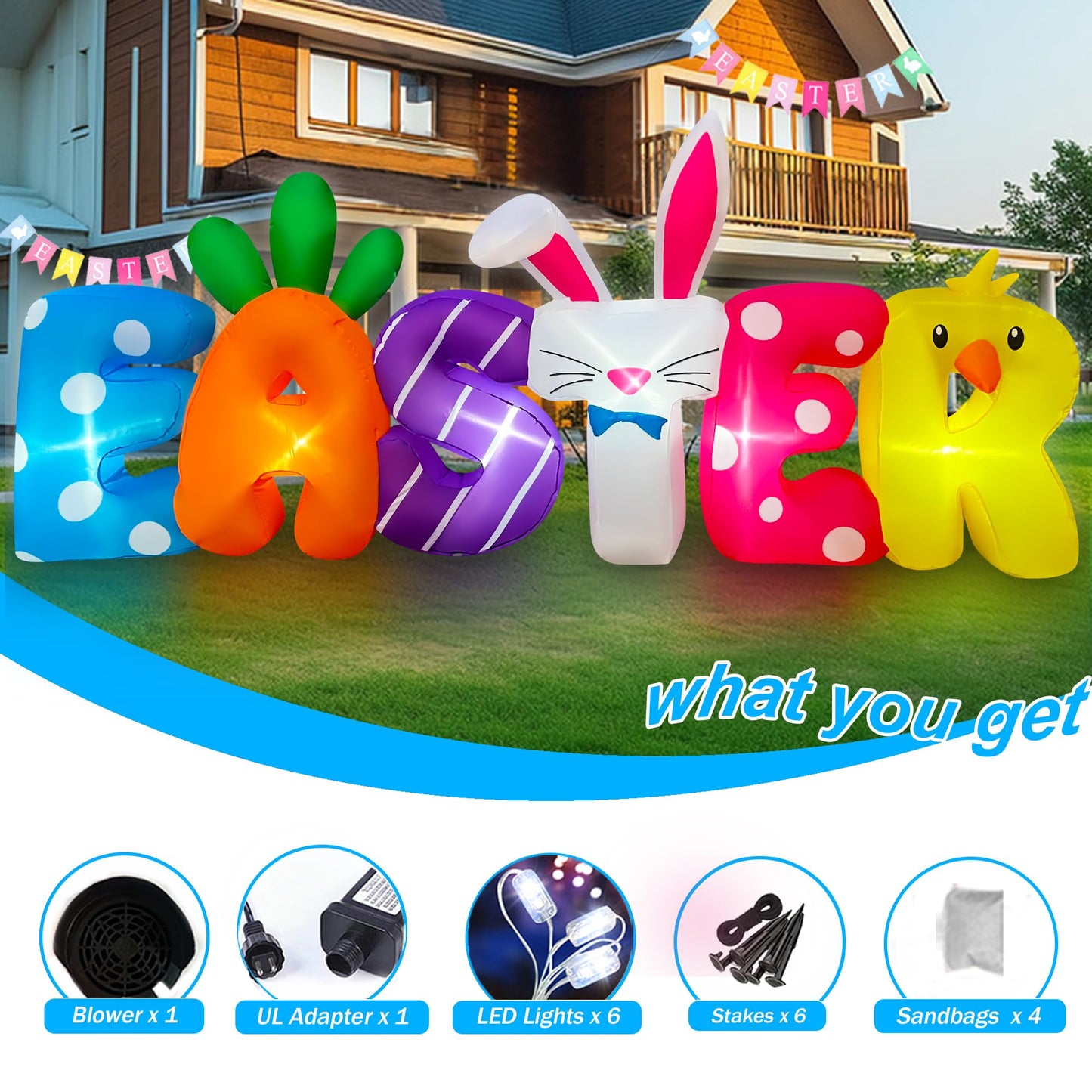 SEASONBLOW 8 FT Easter Inflatables Banner Outdoor Decorations LED Lighted Easter Blow Up for Yard Garden Lawn Indoors Outdoors Home Holiday