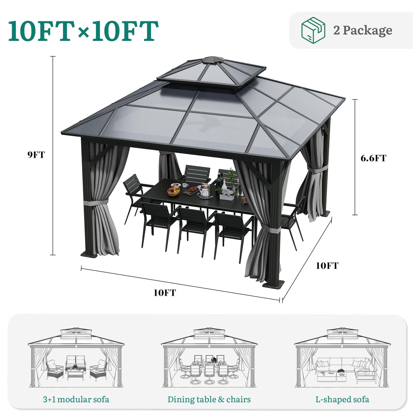 YITAHOME 10x10FT Gazebo Polycarbonate Hardtop Double Roof Canopy Outdoor with Netting and Shaded Curtains, Metal Frame Garden Tent for Patio, Backyard, Deck and Lawns, Grey