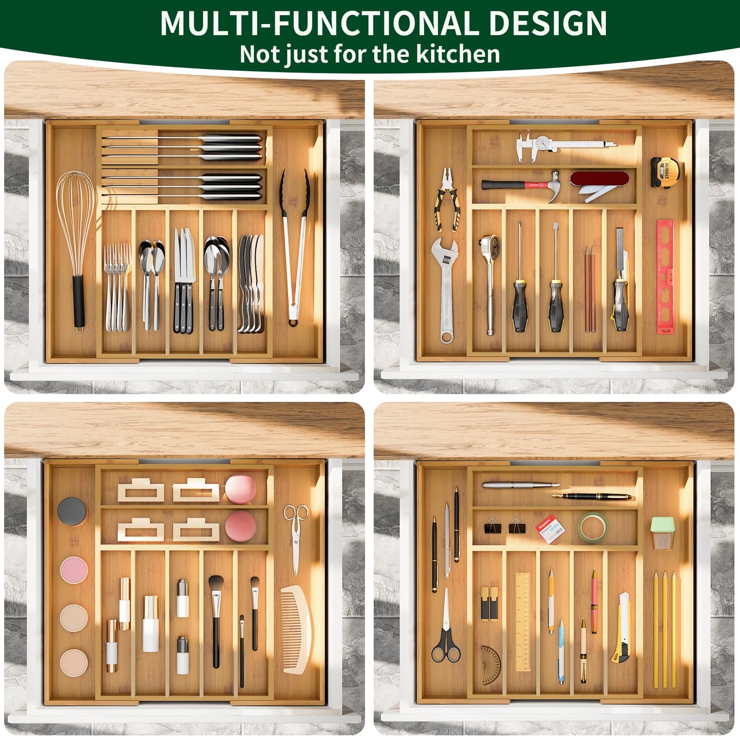 Dunruz Bamboo Expandable Drawer Organizer for Kitchen Utensils, Adjustable Silverware Tray with 9 Deep Slots for Large Spoons & Knives, Natural Wood Flatware Caddy for Cutlery Storage (Fits 13"-20")