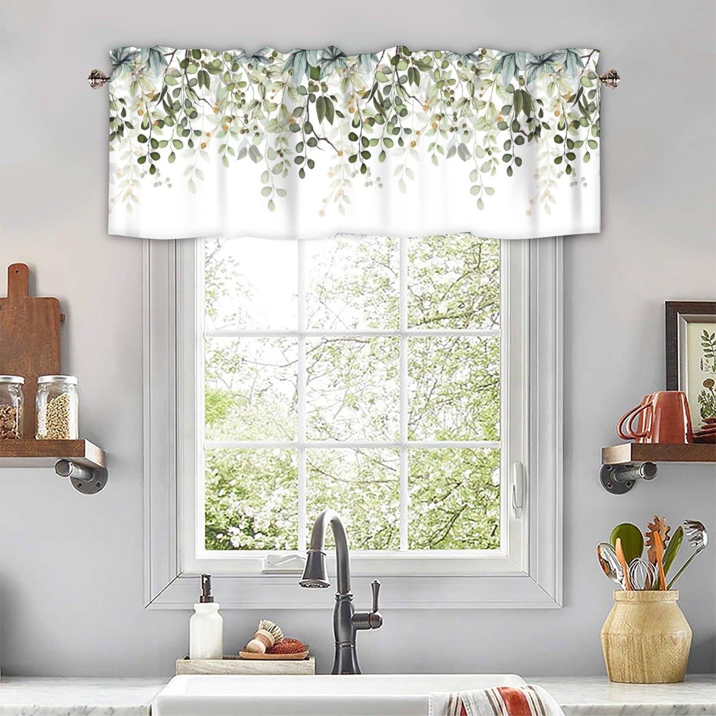 AYTTBIS Sage Green Eucalyptus Leaves Curtain Valance for Windows Watercolor Window Treatments 1 Panel Short Curtains for Kitchen Windows Bathroom Bedroom,42 x 12 Inch