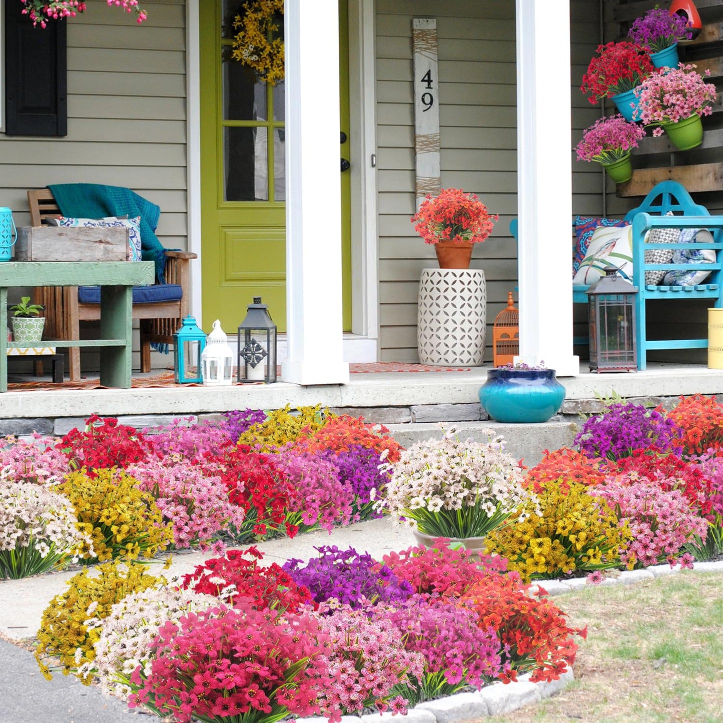 Grunyia 20 Bundles Artificial Flowers, Outdoor Indoor UV Resistant Fake Flowers No Fade Faux Plastic Plants Garden Porch Window Box Decoration