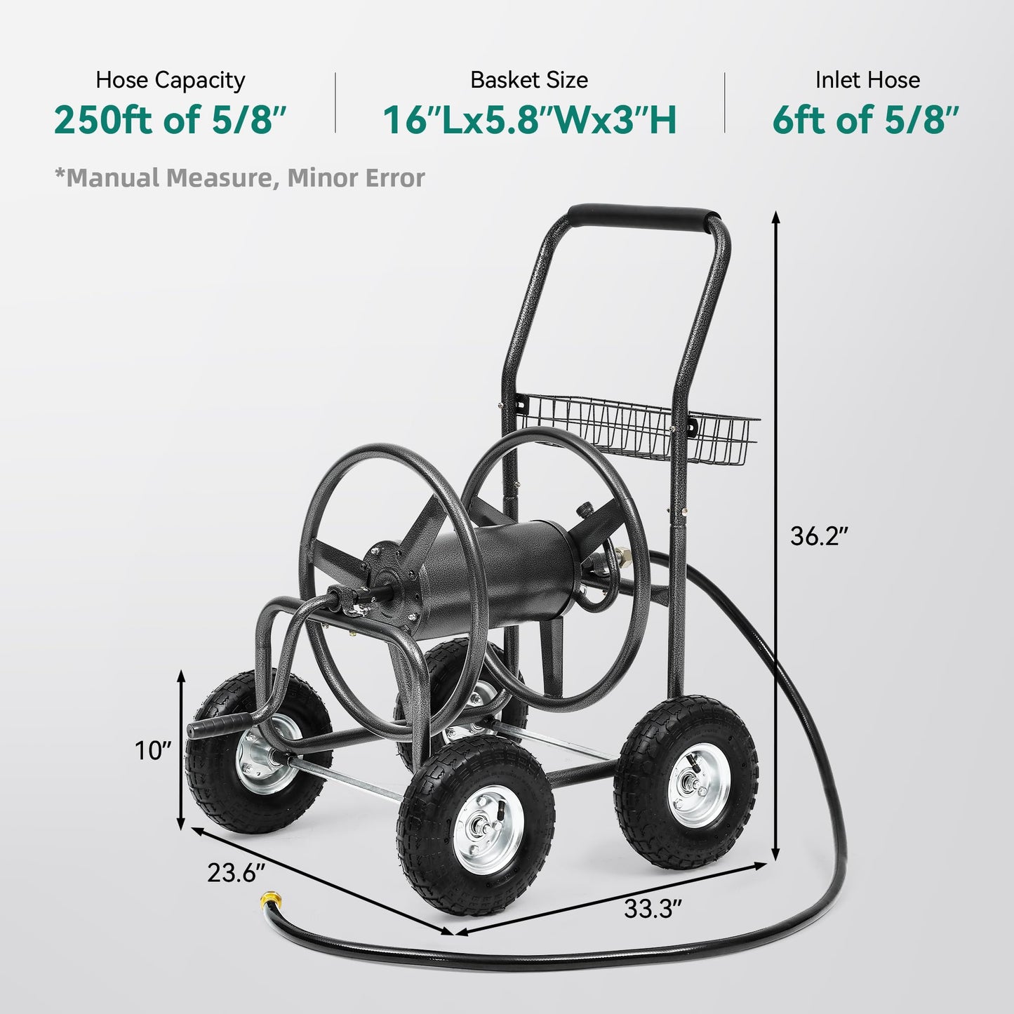 Autodaya Garden Water Hose Reel Cart - 250 ft. Capacity, 10" Pneumatic Tires, Powder-Coated Steel Frame for Tangle-Free Garden Hose Storage