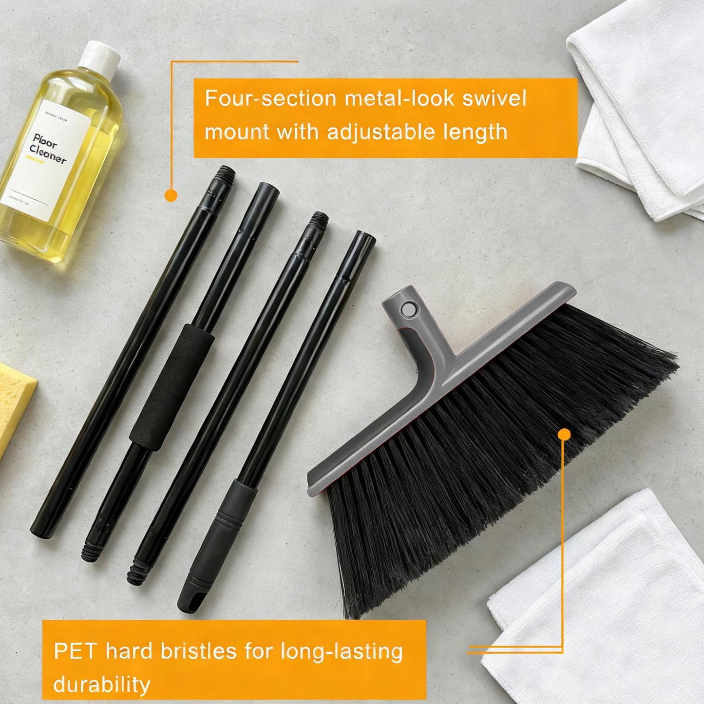BSMstone Large Angle Brooms Indoor Outdoor Broom with Long Handle Stiff Bristle Sweeper for Kitchen Garage Deck Courtyard Lobby Patio Lawn Leaves (Gray)