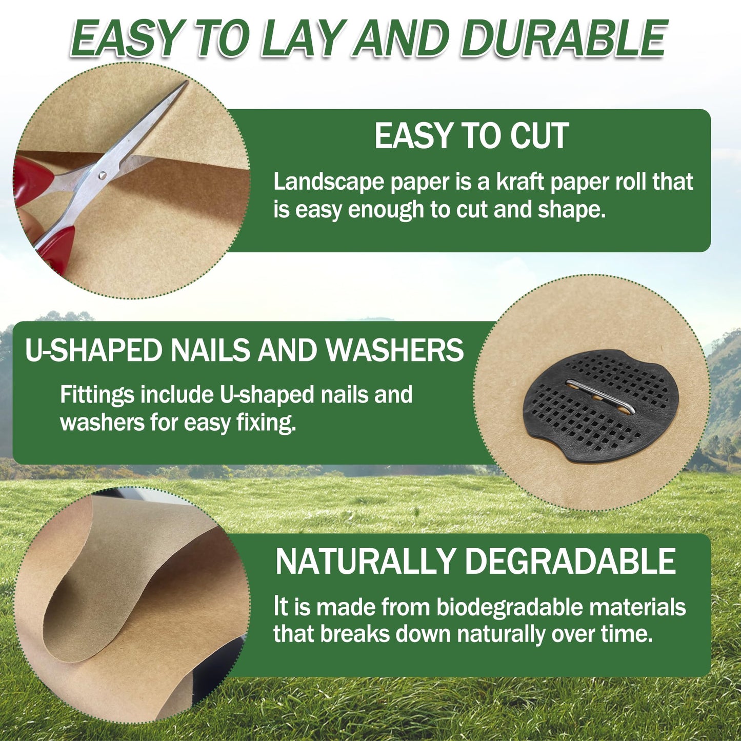 120 x 4 Ft Biodegradable Paper Weed Barrier, Garden Paper Weed Barrier with U-Shaped Ground Nails, Biodegradable Landscape Fabric, Weedguard Plus Paper Mulch for Weed Control & Holds Soil Moisture