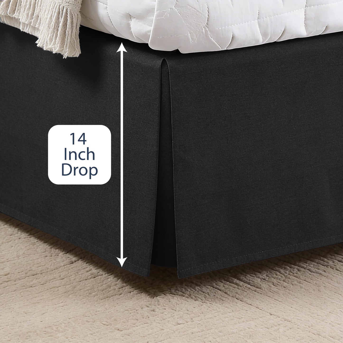 Luxury Hotel Tailored Bed Skirt, Box Pleats, 14 Inch Drop, Queen, Black