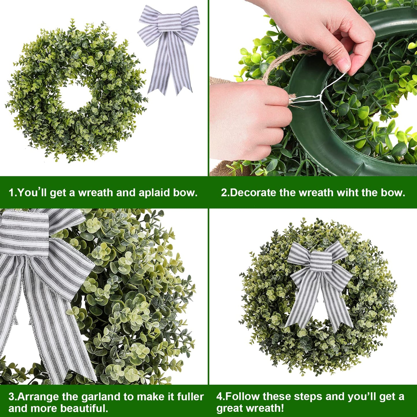 Pansu 19 Inch Boxwood Wreath, 3 Different Bows,Artificial Spring, Summer, Fall, or Winter Wreath ,Weatherproof Indoor/Outdoor Wreaths for Front Door