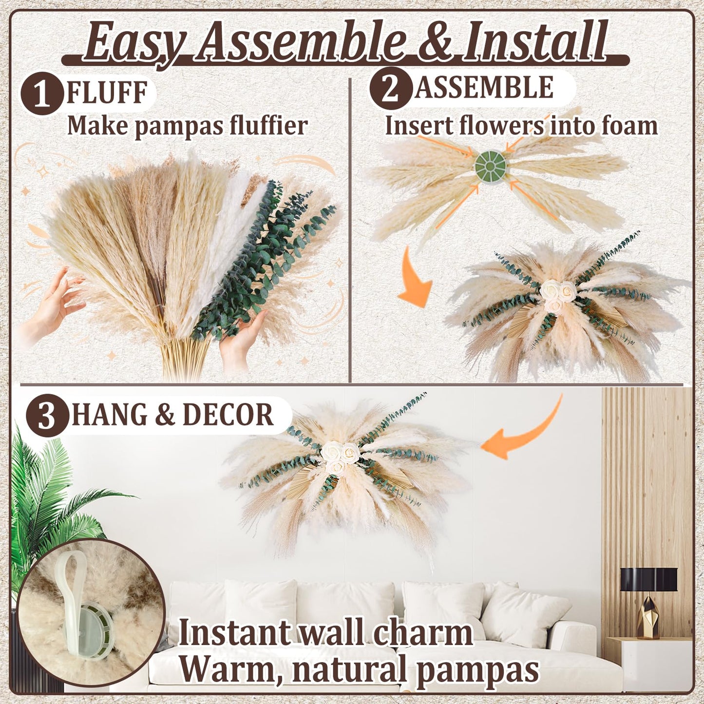 36-38" Large Pampas & Eucalyptus Wall Decor, DIY Artificial Roses & Natural Dried Boho Hanging Flowers for Wall, Mirror, Wedding Arch, Entryway Decor, Gift, Requires Assembly & Easy Install