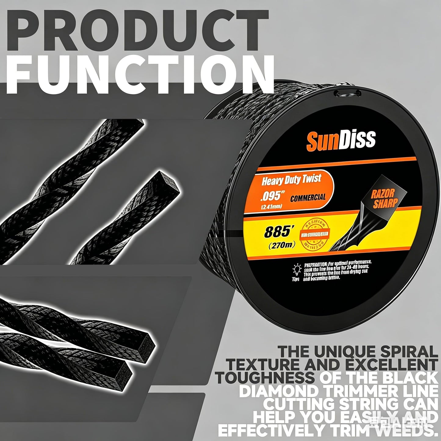 SunDiss 885ft 0.095" Trimmer Line Cutting String Replacement for Echo Black Diamond Trimmer Line 330095073/330095071, Fits for Medium to Heavy Grass and Weeds, with Built-in Line Cutter
