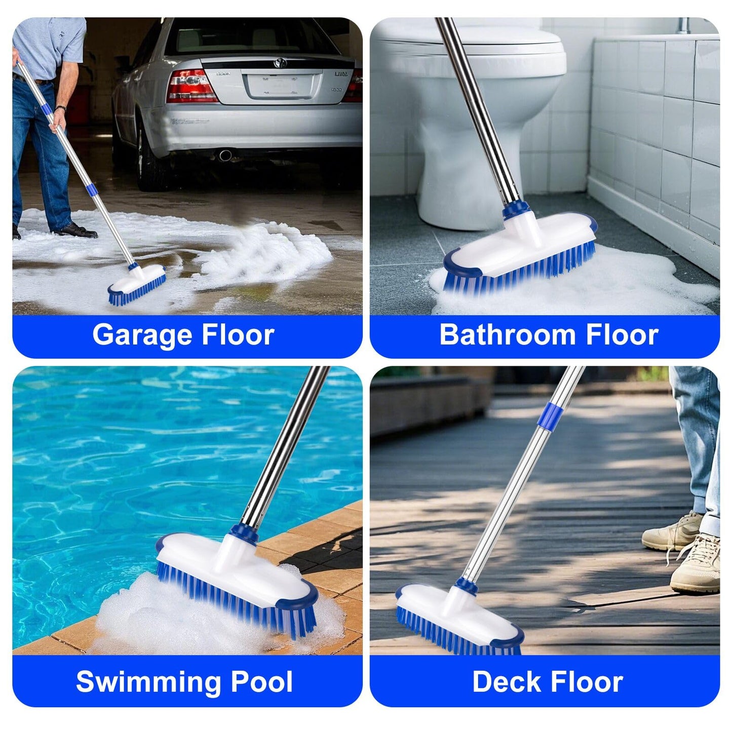 ITTAHO Floor Scrub Brush with Long Handle, 2 in 1 Deck Scrub Brush, Stiff Bristle Scrub Broom & Cleaning Brush for Tile Floor,Deck,Patio,Marble,Garage,Wall, Kitchen,Bathroom