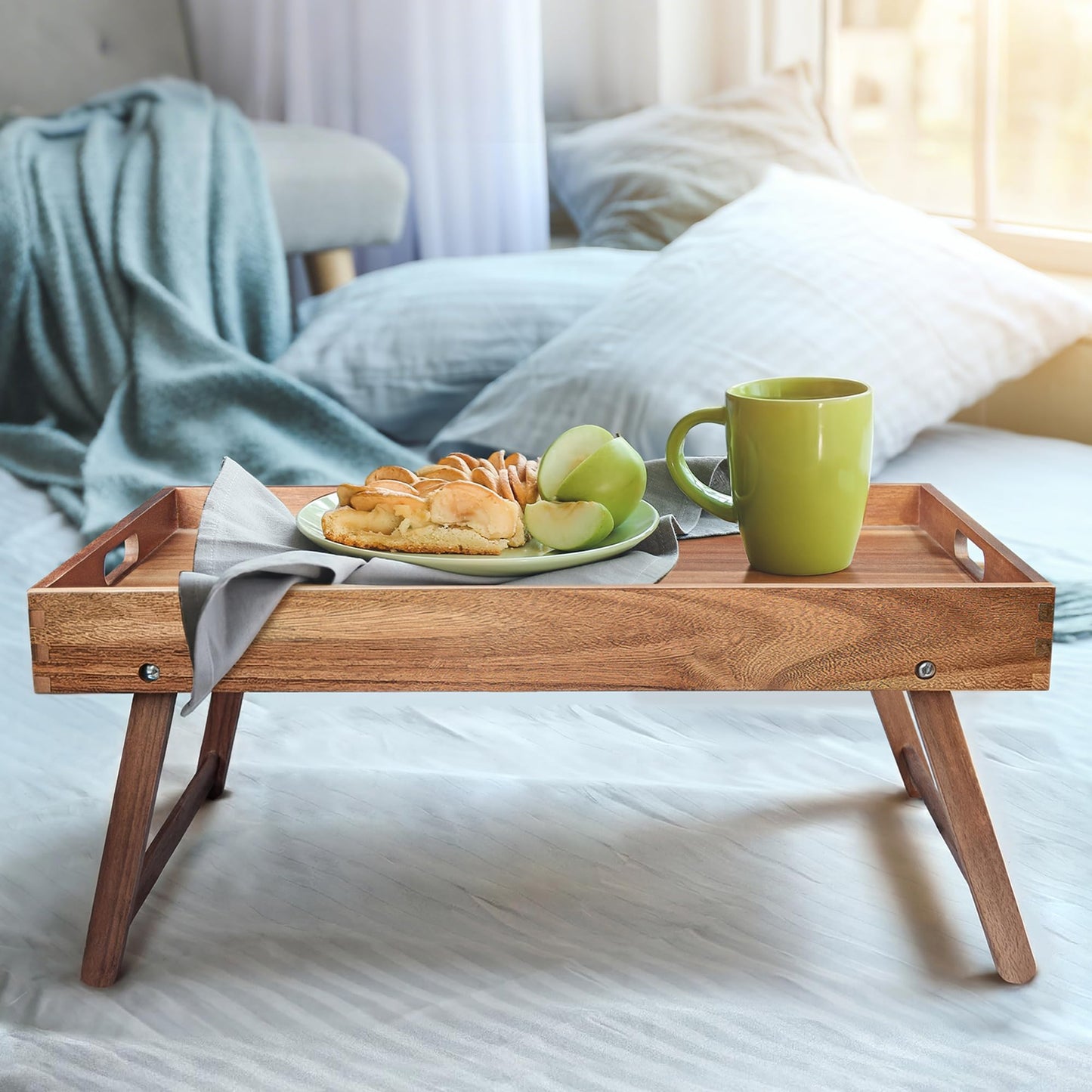 Taxenxar Extra Large Folding Bed Tray Table, 22’’ x 14’’ Acacia Wood Breakfast Tray, Food Serving Tray with Legs for Eating in Bed