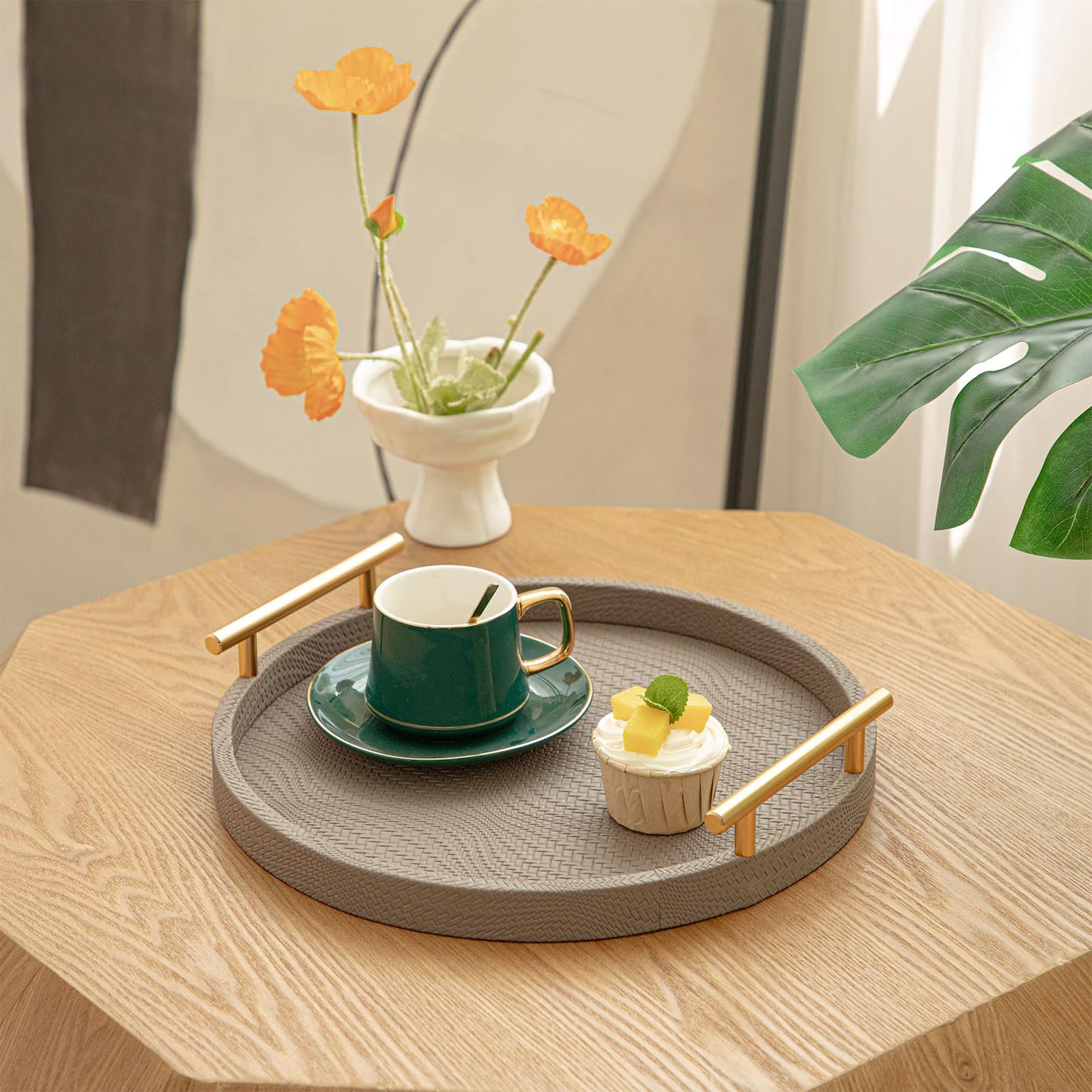 MACVAD 2 Piece Coffee Brown Round Serving Tray with Handles, Woven-Texture Faux Leather Ottoman Tray for Living Room, Decorative Tray for Coffee Table Home Decor