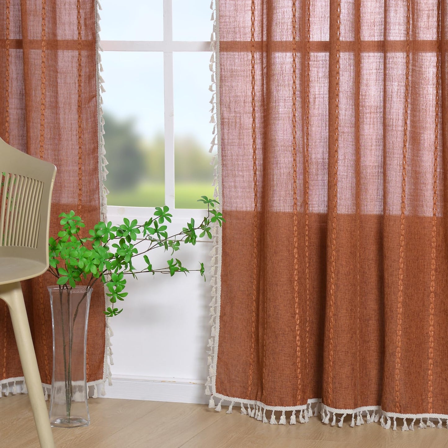 Schweek Terracotta Boho Curtains 84 Inch Length Burnt Orange Farmhouse Curtains for Living Room 2 Panels, Linen Bohemian Tassel Rust Rustic Curtain Drapes