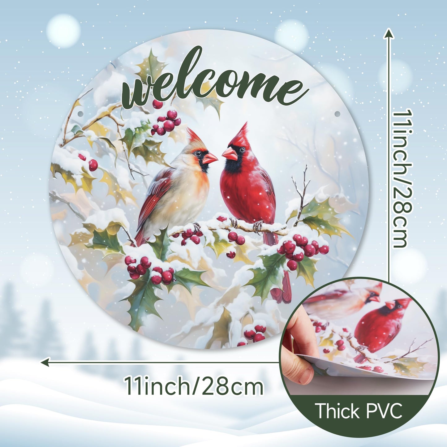 1 Pcs Winter Welcome Cardinal Bird Front Door Sign, Christmas Cardinal Bird Round Hanging Sign, Twig Berry Snow Outdoor Porch Home Wall Patio Garden Farmhouse Holiday Decor, 11 x 11 inches