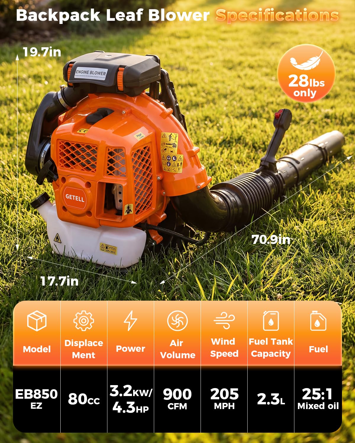 Getell 80cc Gas Backpack Leaf Blower, 900CFM 206MPH 2-Stroke Engine, Heavy-Duty Leaf & Snow Blower for Lawn, Garden & Commercial Use (Orange)