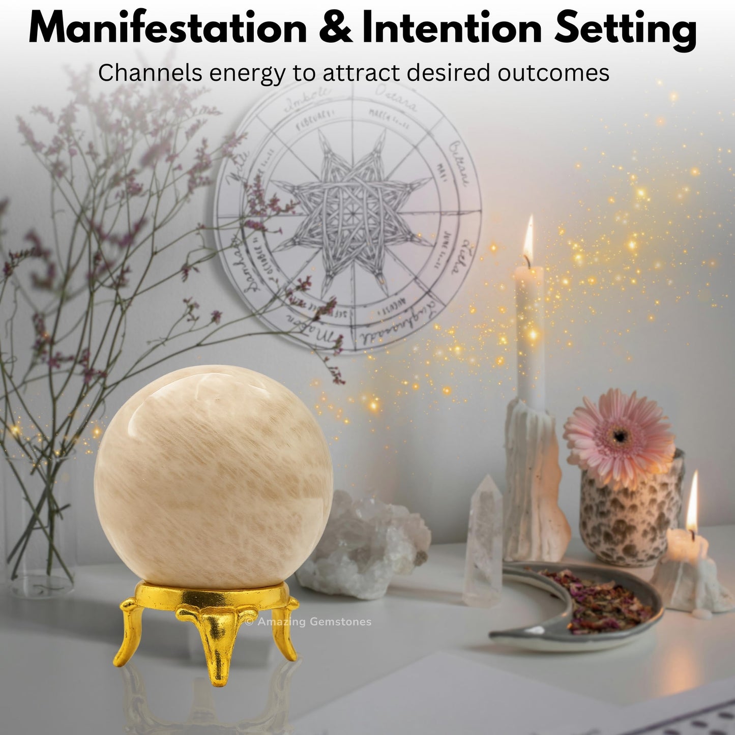 Amazing Gemstone Cream Moonstone Crystal Ball with Stand - 2 Inches Crystal Sphere Meditation Balls for Witchcraft and Decorative Balls