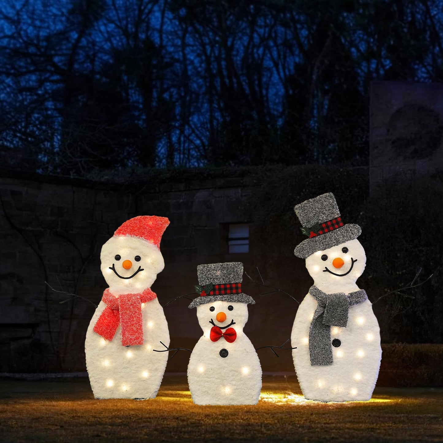 Dazzle Bright Snowman Christmas Decorations, 3-Piece Light Up 2D Snowman Family, 60 L Snowman Waterproof for Indoor or Outdoor Garden Yard Lawn Holiday Party Decor (Plush)