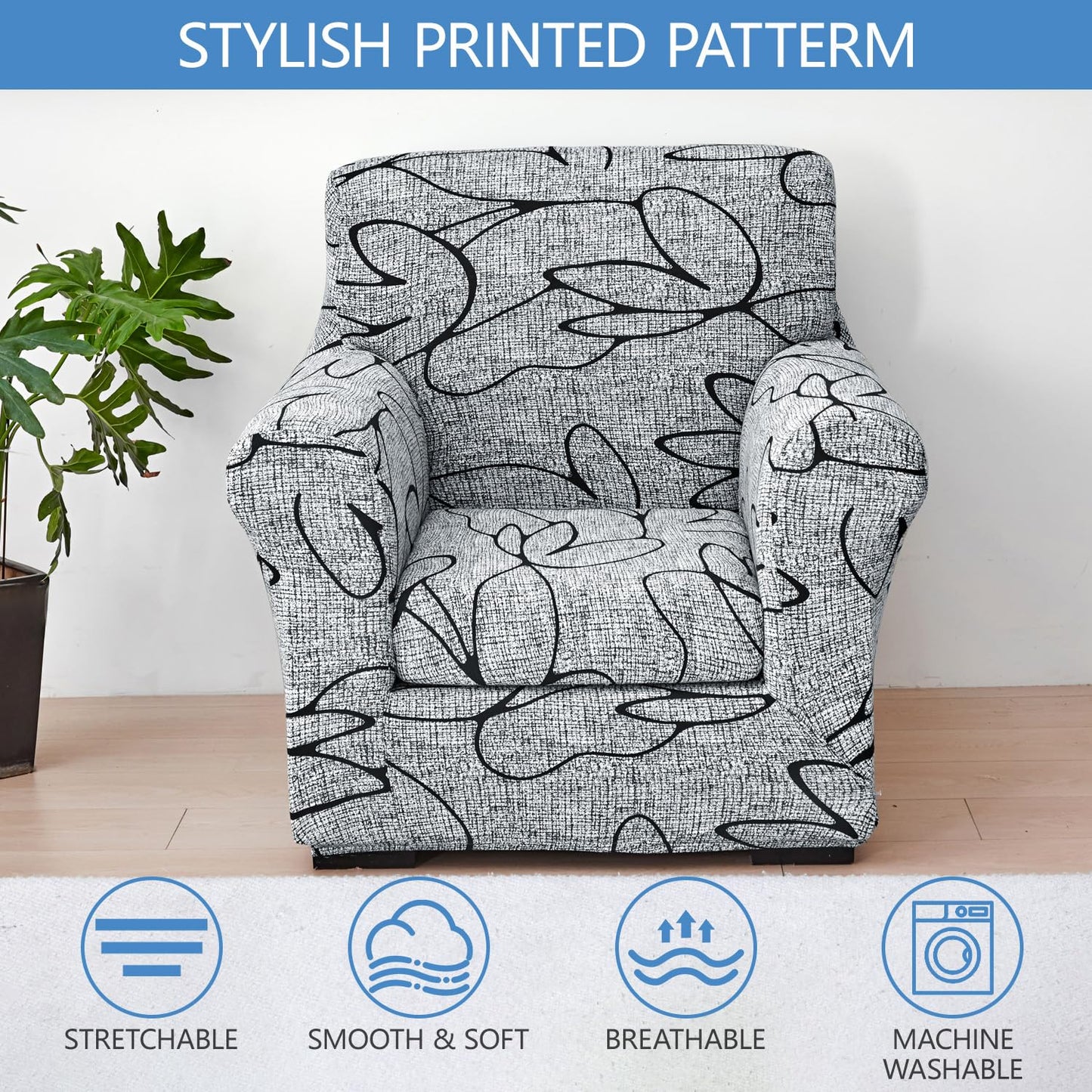 Keyroal Stretch Printed Sofa Cover Couch Covers, 2-Piece Armchair Cover with Separate Cushion Cover, Washable Soft Spandex Furniture Protector for Living Room(Armchair, Grey Lotus)