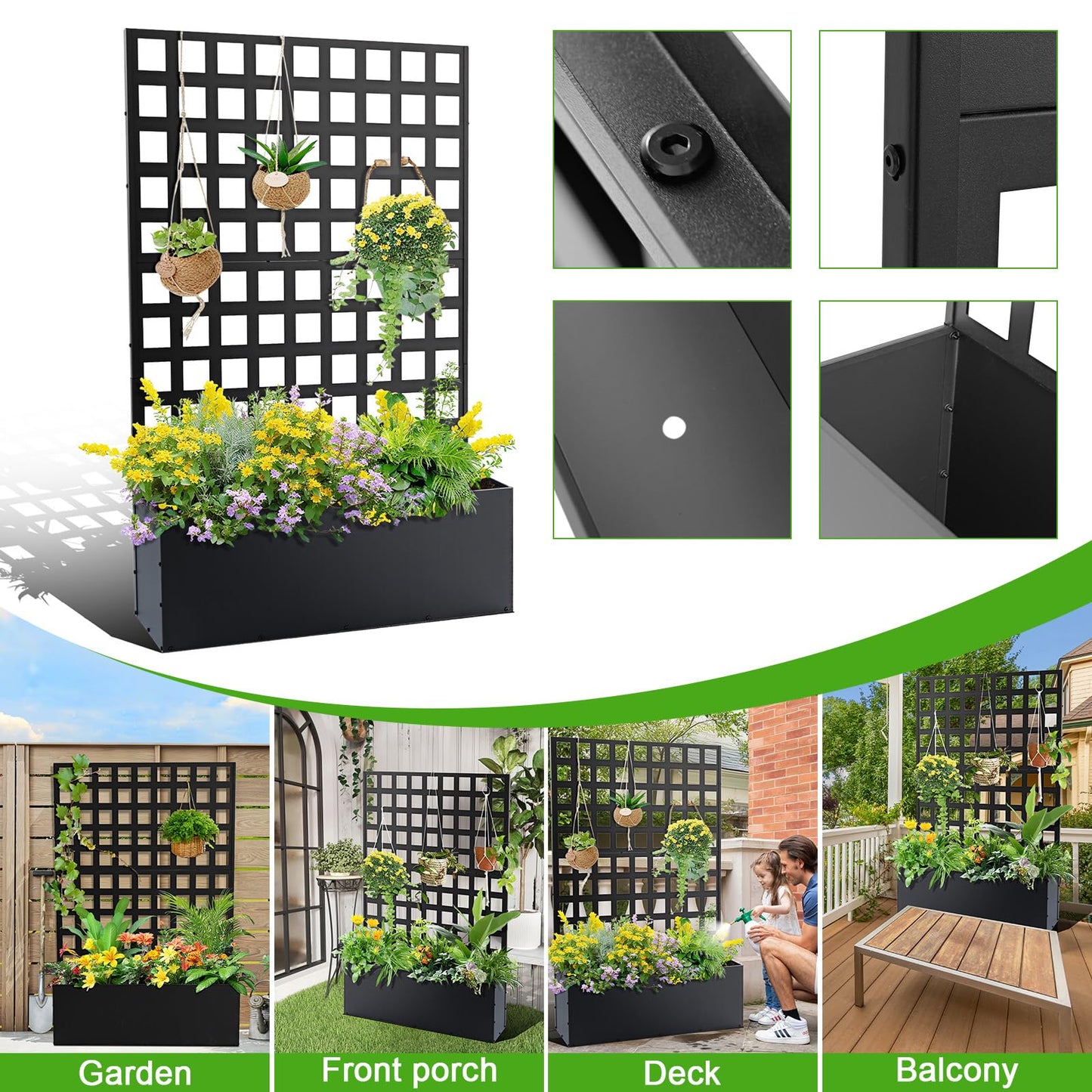 GarveeLife Metal Planter Box with Trellis, 71 in x47 in x12 in Raised Garden Bed with Trellis, Outdoor Garden Box with Privacy Screen & Drainage Holes for Climbing Plants Flower Vegetable, Black