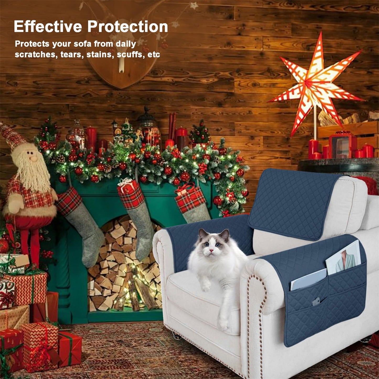 ZGDDPZA Waterproof Sofa Armrest Cover Headrest Cover with Side Pocket Non-Slip Couch Protector for Armchairs, Chairs, and Sofas (Berlin Blue,1 Seater 3PCS)