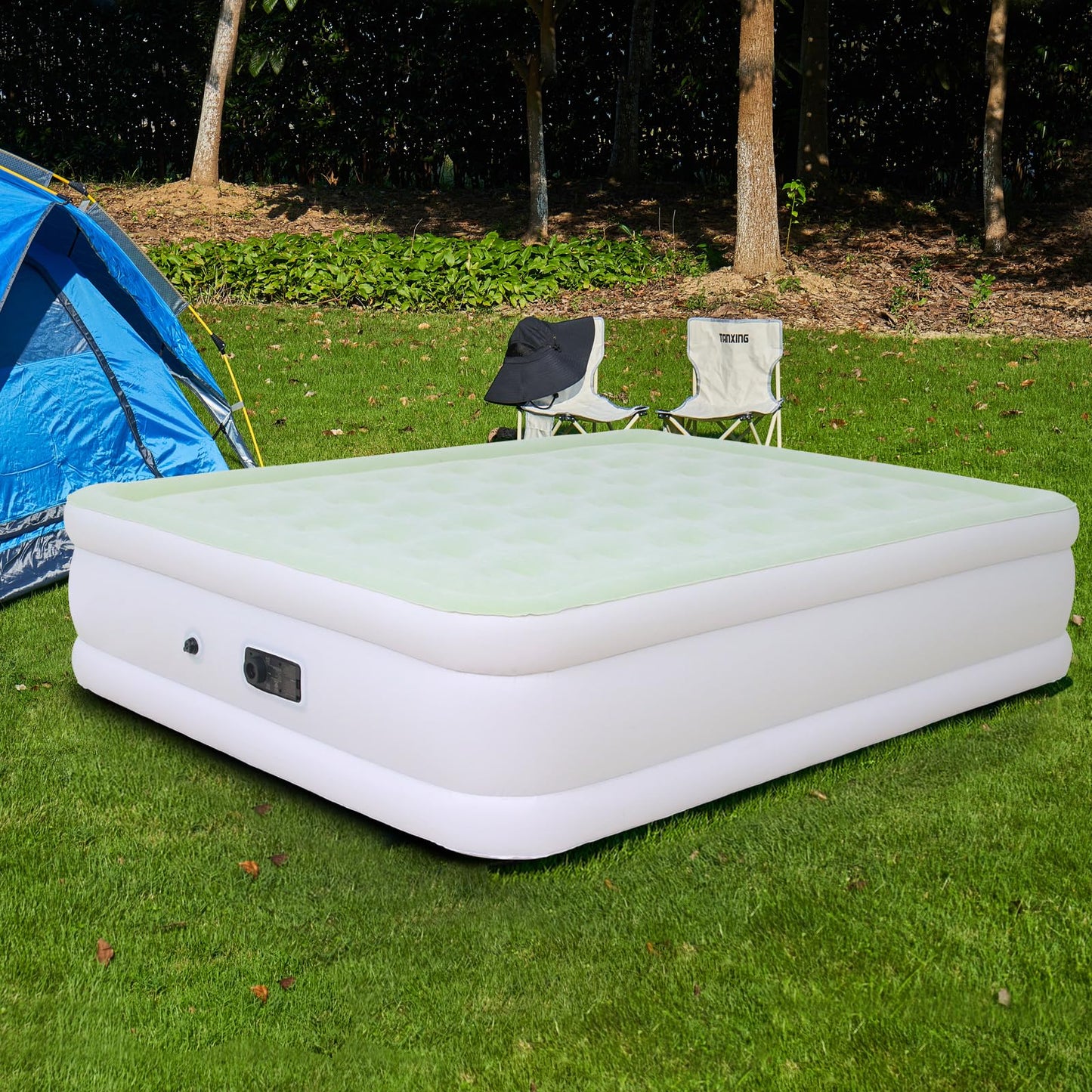 Outraveler Queen Size Air Mattress with Built in Pump, Inflatable Bed Blow Up Mattress 18in, Green White