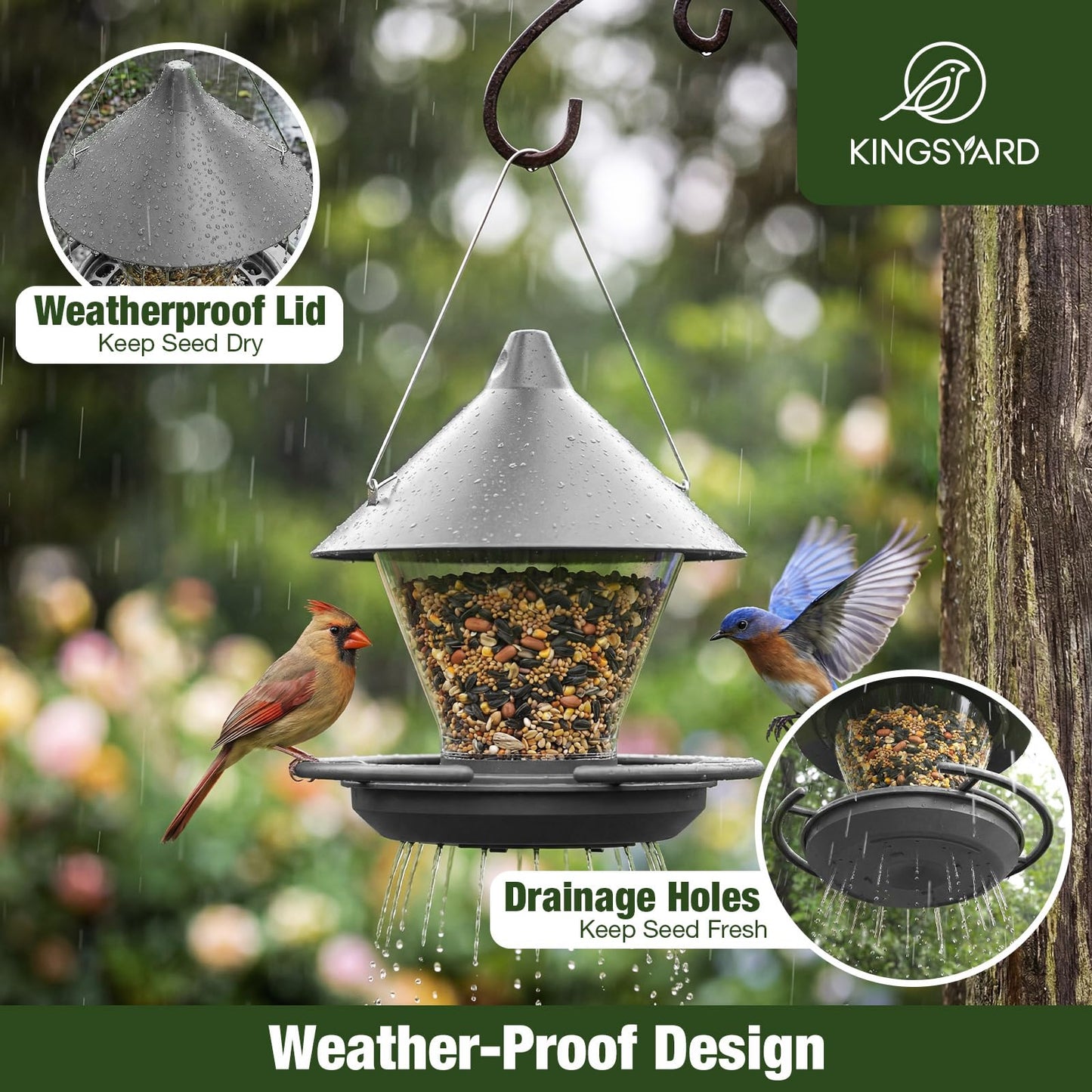Kingsyard Wild Bird Feeder for Outdoors Hanging, No-Waste Tray with Seed Guard & Circular Perch, Garden Yard for Cardinal Finch, 4 lb Large Capacity, Grey