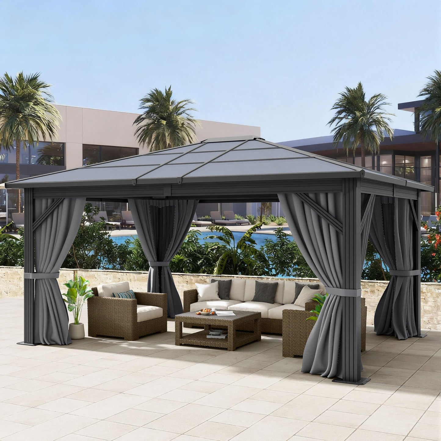 DWVO 10x12ft Gazebo Hardtop Double Roof Polycarbonate Canopy Outdoor with Netting and Shaded Curtains, Metal Frame Garden Tent for Patio, Backyard, Deck and Lawns, Gray