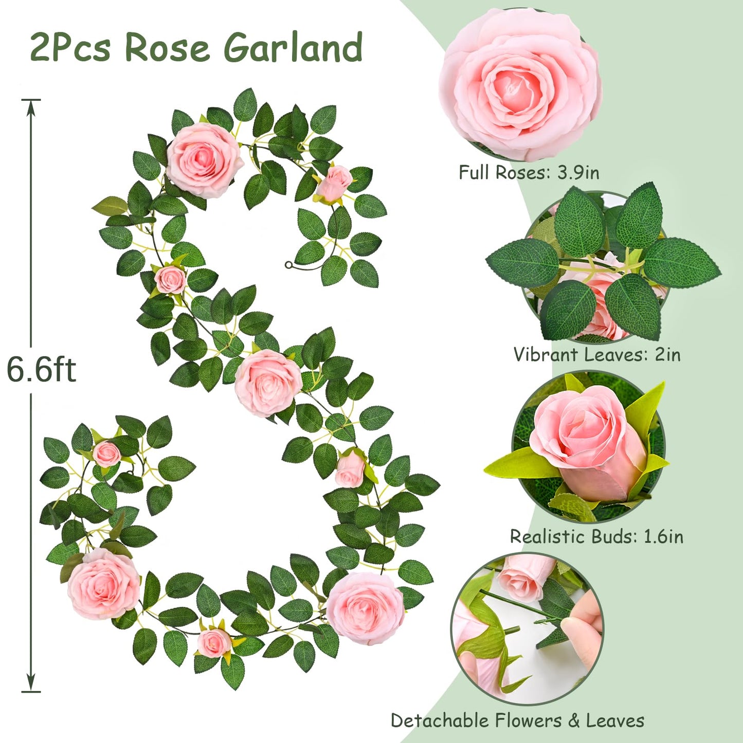 2 Pcs Flower Garland with 19.6 Ft Lights, 13.2 Ft Pink Floral Garland Fake Flowers for Wedding Arch Party Wall Garden Room Decor