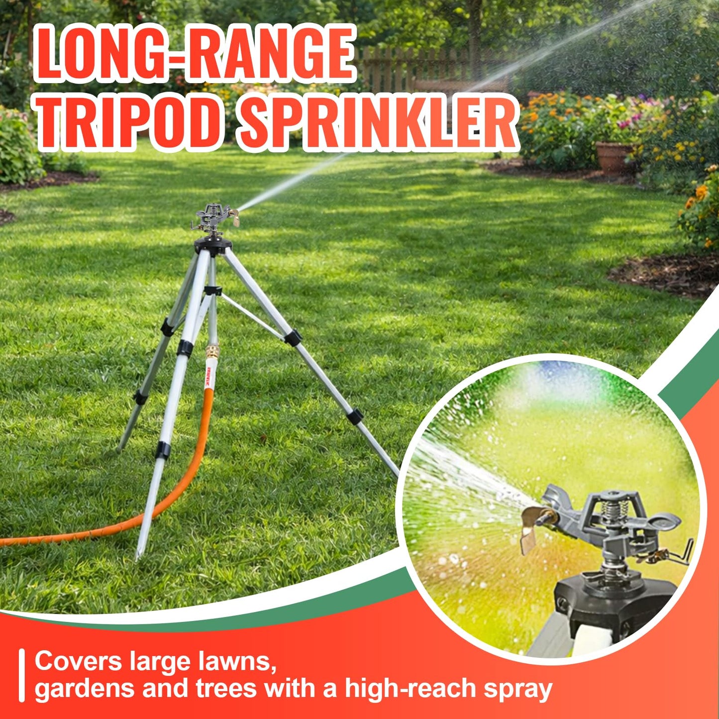 YAMATIC Tripod Impact Sprinkler, Adjustable 21–50 in Lawn Sprinkler with Metal Pulsating Head, Up to 90 ft Spray Distance, 360° Coverage for Large Yard, Garden & Landscape Watering