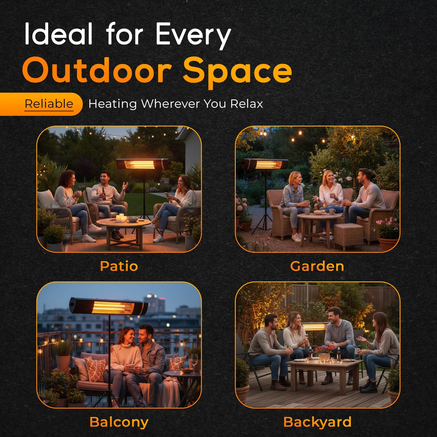 Outdoor Carbon Fiber Infrared Patio Heater - 800/1300/1500W, Tripod Stand or Wall Mount, IP65 waterproof, Remote Control, Silent & Energy-Saving for Balcony, Backyard, or Patio
