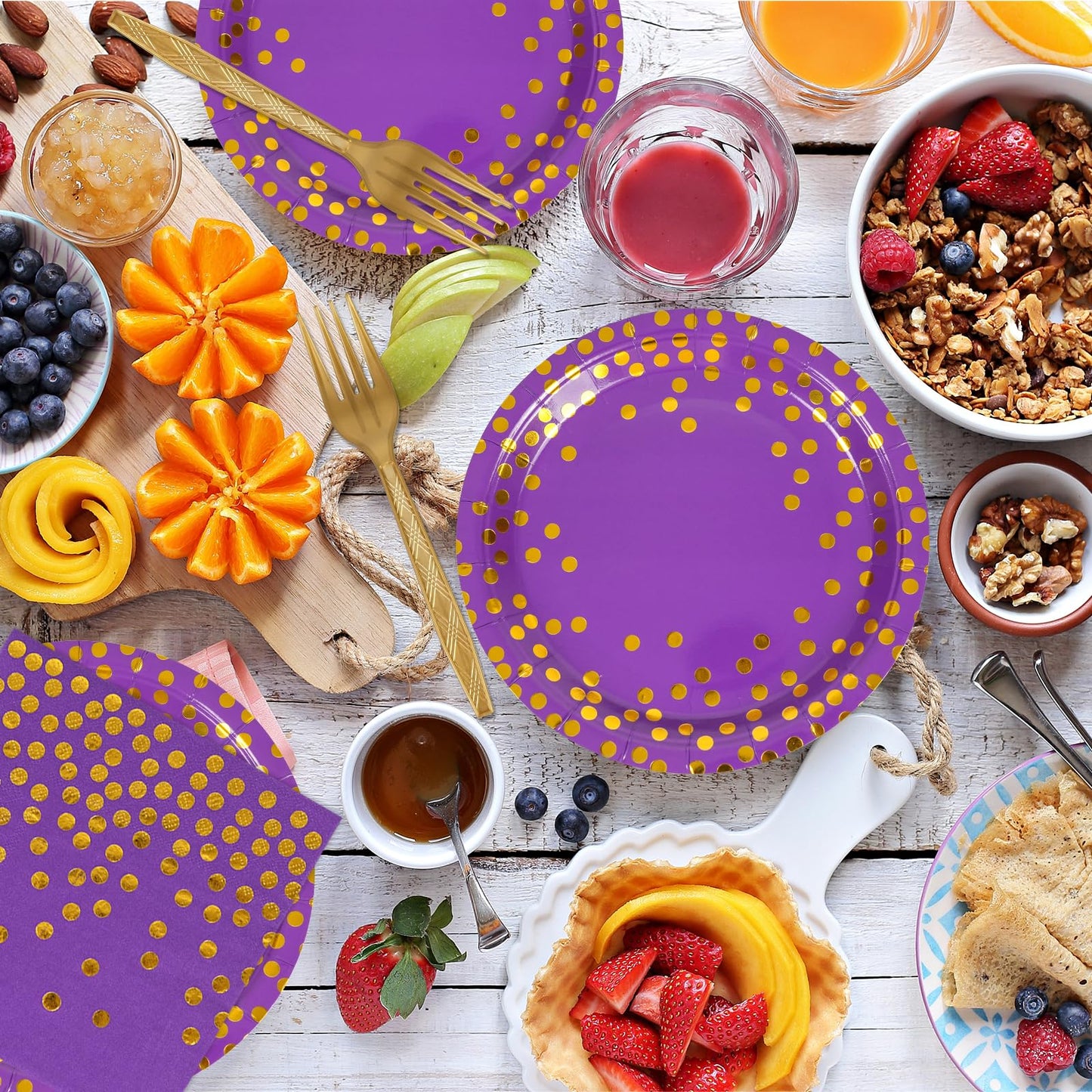 75PCS Paper Plates and Napkins Set - Purple and Gold Dot Disposable Party Dinnerware Includes Paper Plates, Napkins, Forks Decorations for Birthdays, Graduations, Weddings and Holidays, Serves 25
