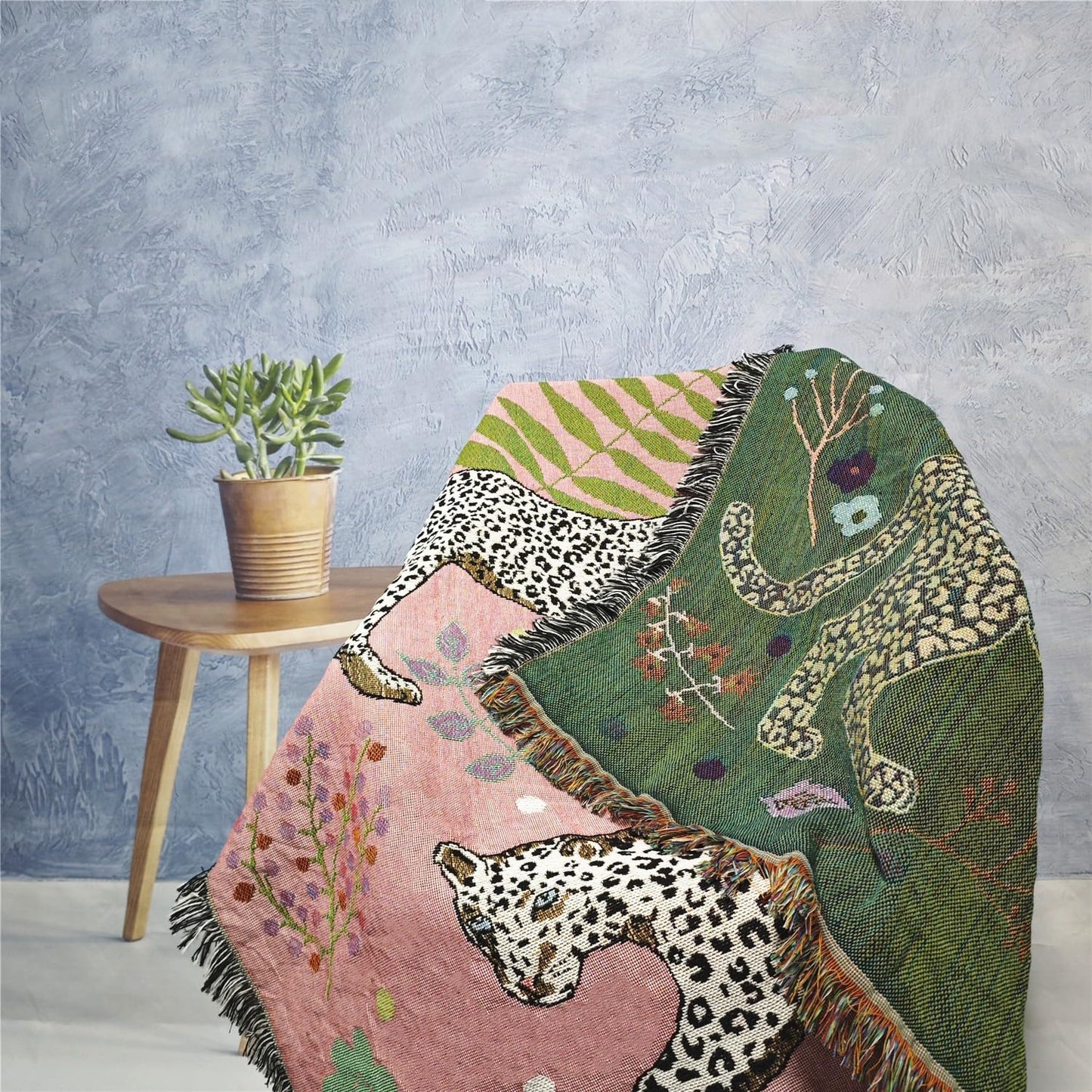 JQZ Bohemian Throw Blanket, Woven Cotton with Fringe, for Sofa, Bed, Picnic, Outdoor Camping (Snow Leopard)