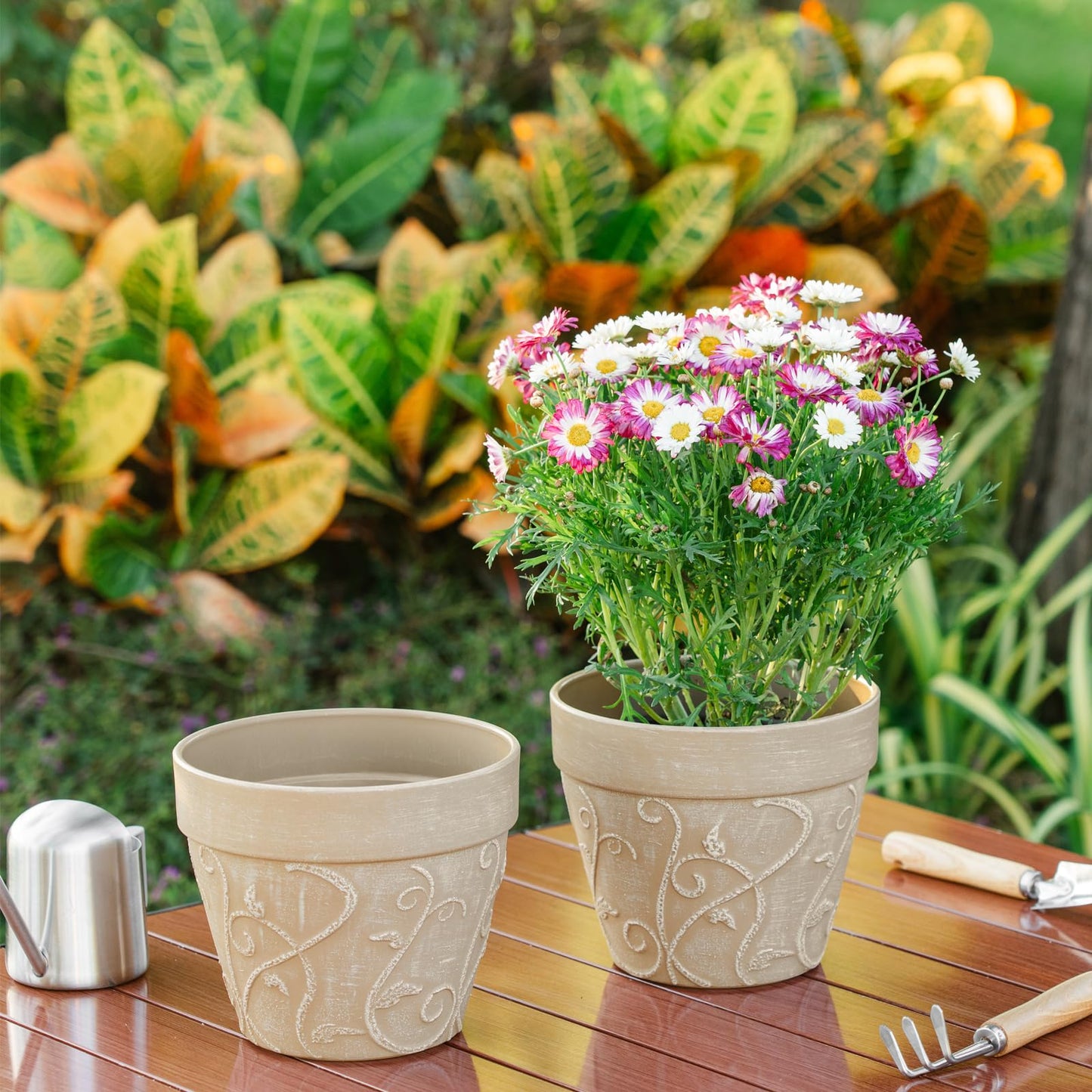 Melphoe Plant Pots Indoor with Drainage & Saucer, 2Pack 7 inch Flower Pots Outdoor Planters for Indoor Plants Garden Home Decor Cactus Succulent, Rigid Plastic (Imitation-Terracotta) Vine-Embossed
