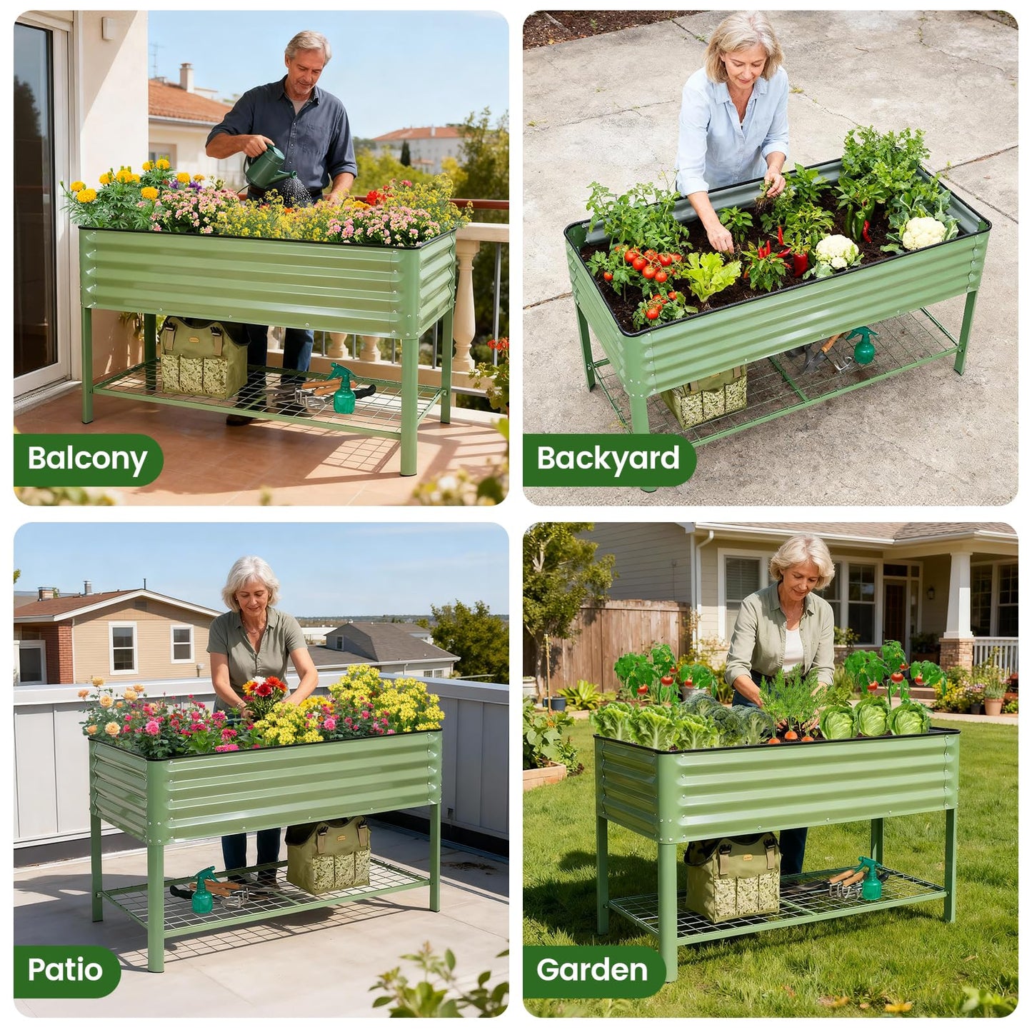 Elevated Raised Garden Bed 2' x 4'- Galvanized Metal Planter Boxes with Legs & Storage Rack, Outdoor Planters for Backyard/Patio/Balcony, with Drainage Holes for Vegetables, Flowers, Herbs, Green