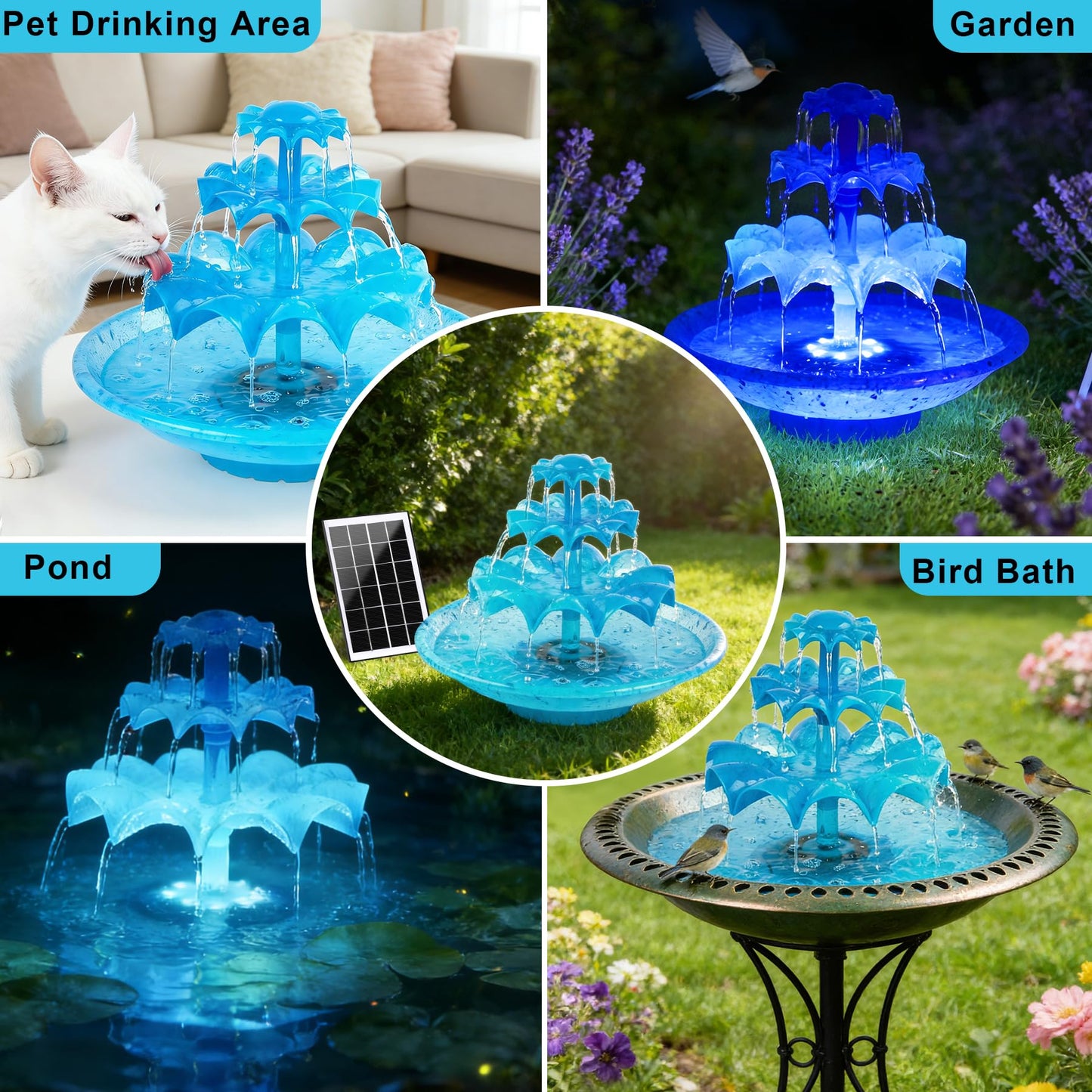 3.5W Solar Fountain Pump for Bird Bath, 3-Tier Blue Solar Water Pump with 8 LED Lights, 32.8FT Power Cord and Adapter Included, Dual-Powered for 24/7 Use for Garden, Pond, Pool, Fish Tank and Lawn