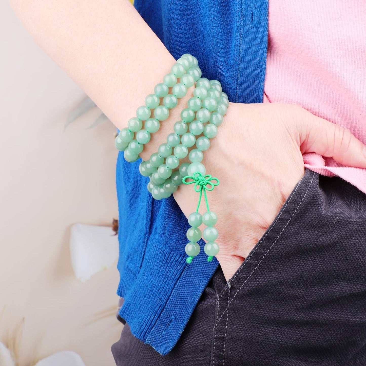 AD Beads 8mm 108 Prayer Mala Green Aventurine Elastic Bracelet - Create Opportunity - Handmade Yoga Meditation Healing Power Energy Gifts for Unisex Adult.