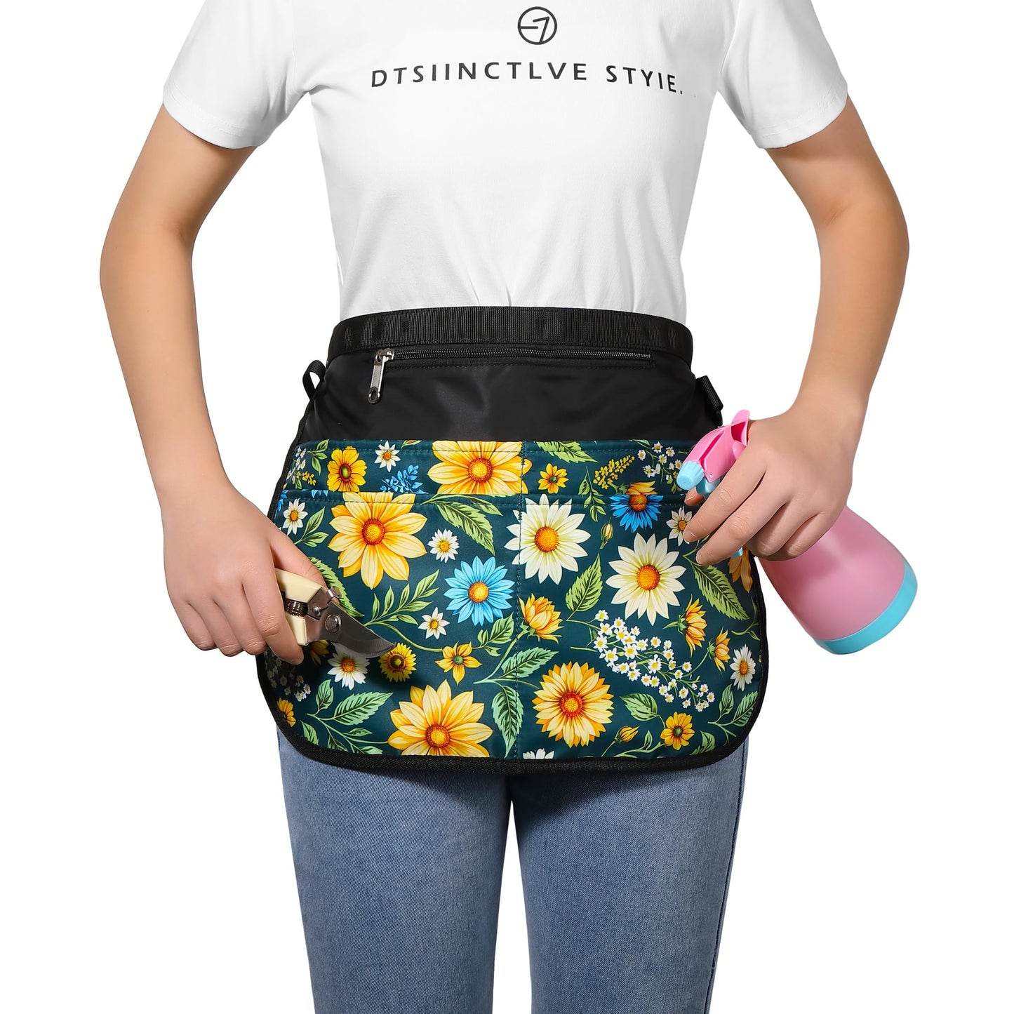 Bafelia Garden Apron for Women with 5 Pocket,Half Florist Apron Harvesting (Green Flowers)