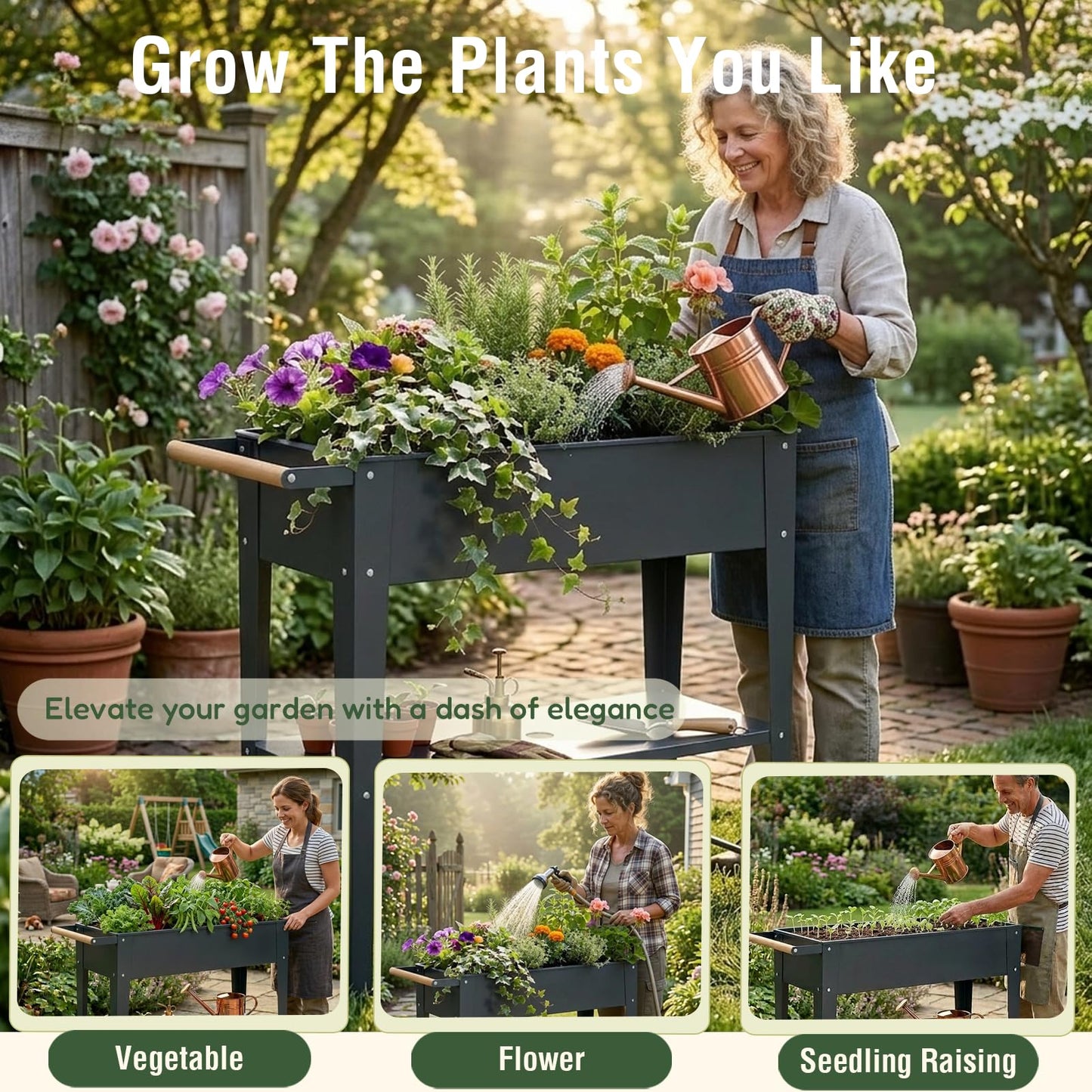 Growvy Raised Garden Bed Outdoor with Wheels, Leg and Wooden Handle, 29.5x13.4x32.3in, 350lb Cap, Metal Elevated Raised Planter Box for Herb, Vegetable, Perfect for Backyard, Balcony, Light Black