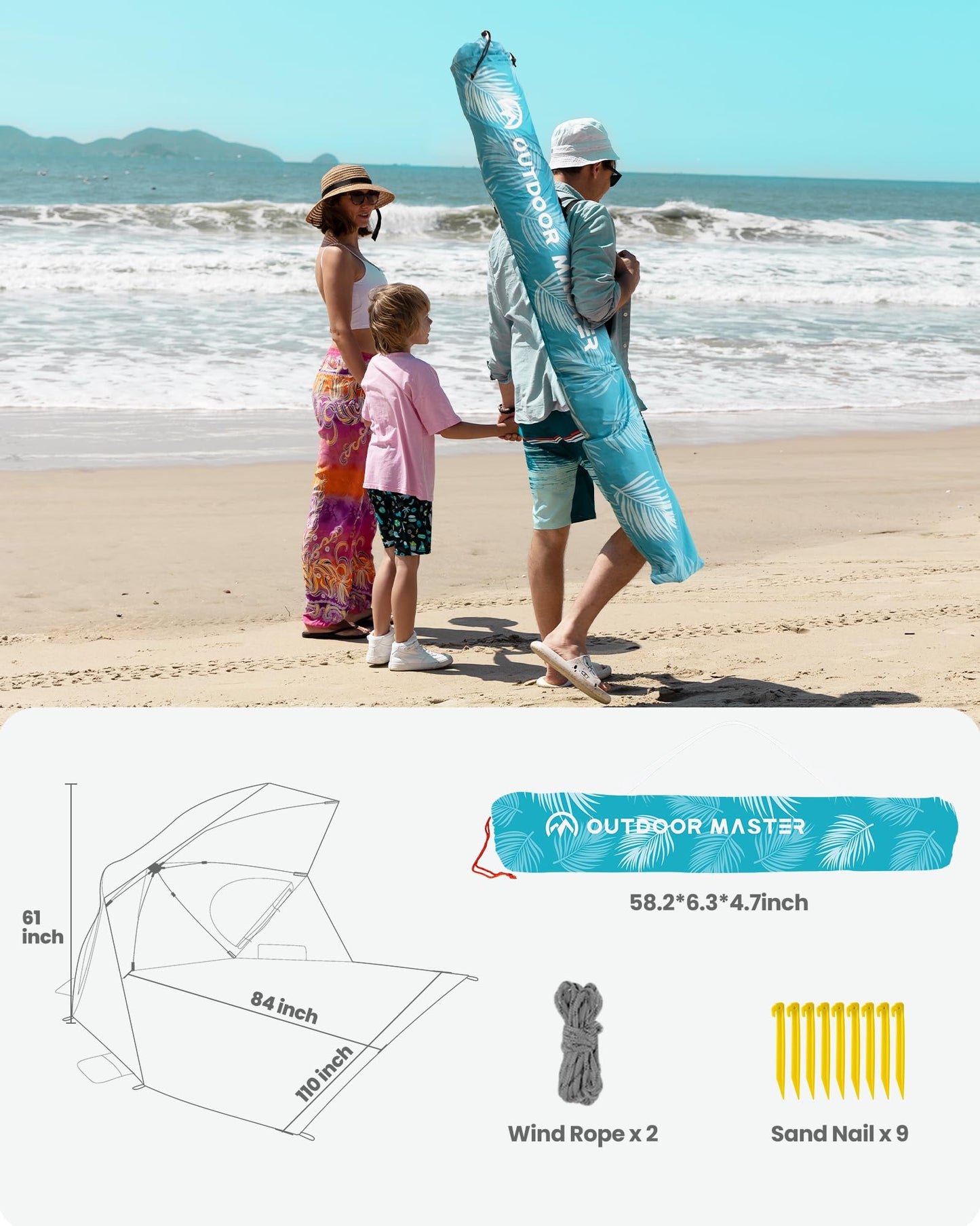 OutdoorMaster Pop Up Beach Umbrella, Portable Tent Shelter, Beach Shade Sun Canopy with UPF 50+ UV Protection, Extendable Floor with Carrying Bag - Blue Feathers
