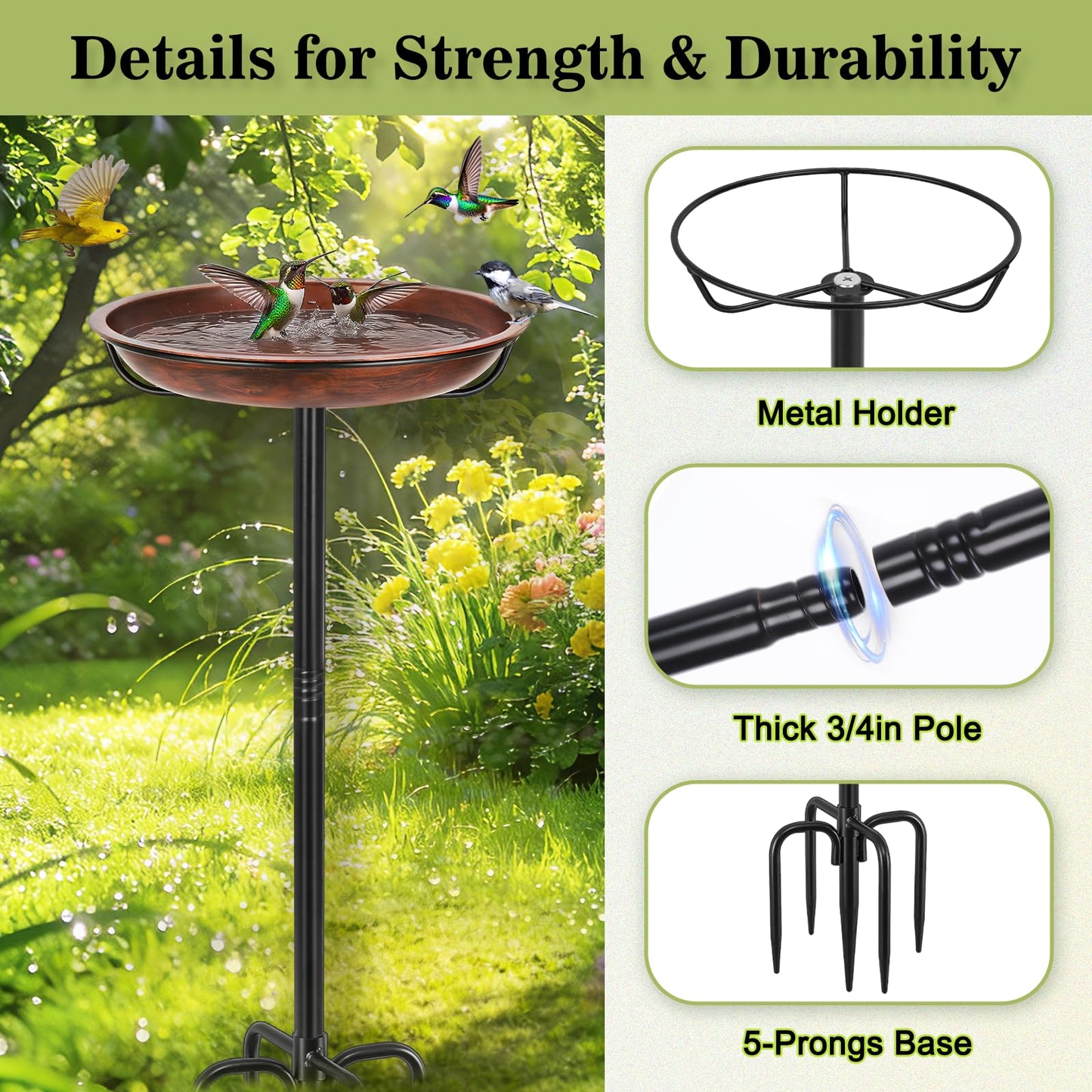 Gtongoko Metal Bird Bath for Outside Heavy Duty, 29 Inch Bird Feeder Birdbaths for Outdoors, Garden Bird Bath Bowl with 5-prongs Base