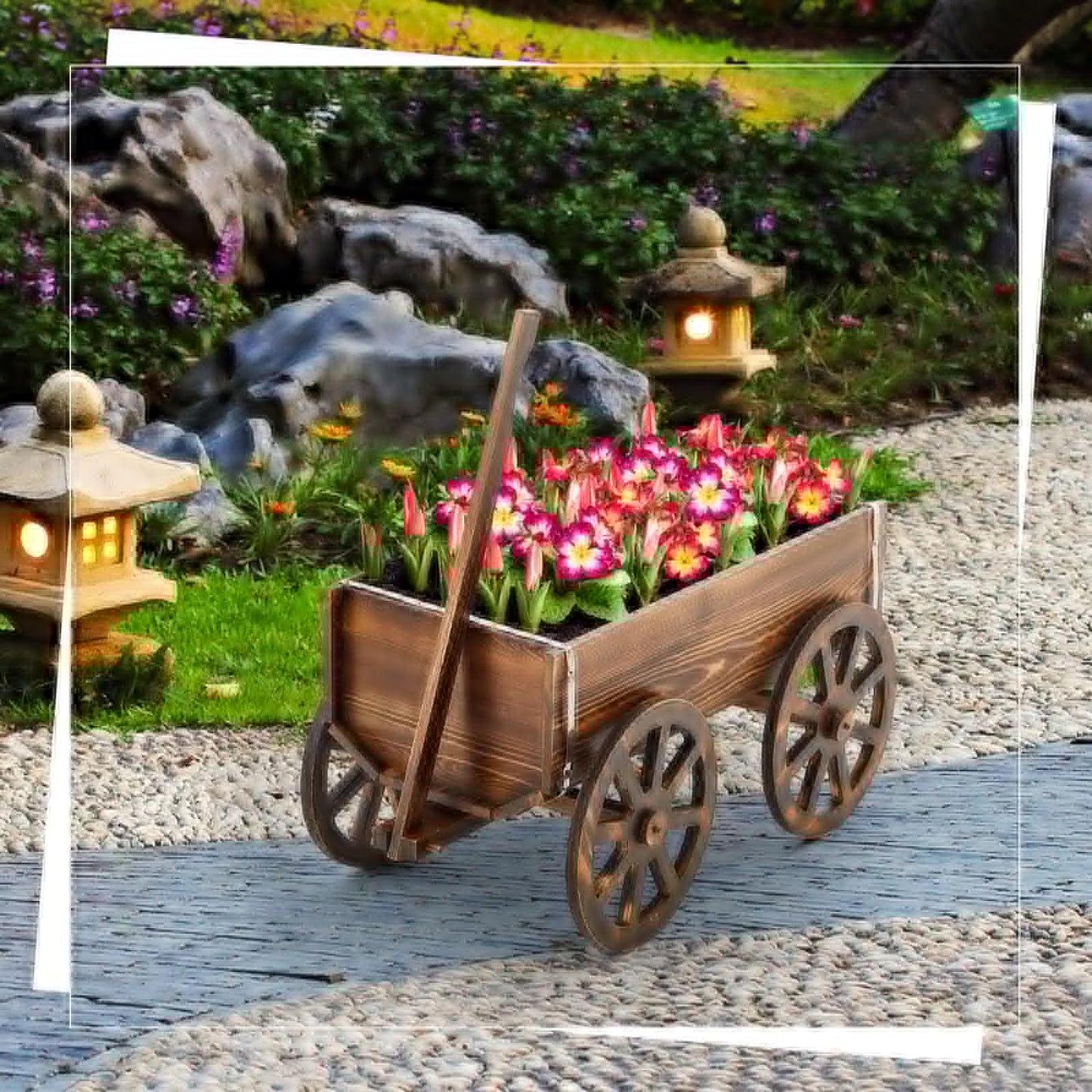 Beeveer Wooden Wagon Flower Planter Cart Garden Planter Box with Wagon Wheels Cart for Home Garden Outdoor Balcony Decorative, Patio Flowers Herbs Vegetables, Brown 23.23 x 11.41(Classic)