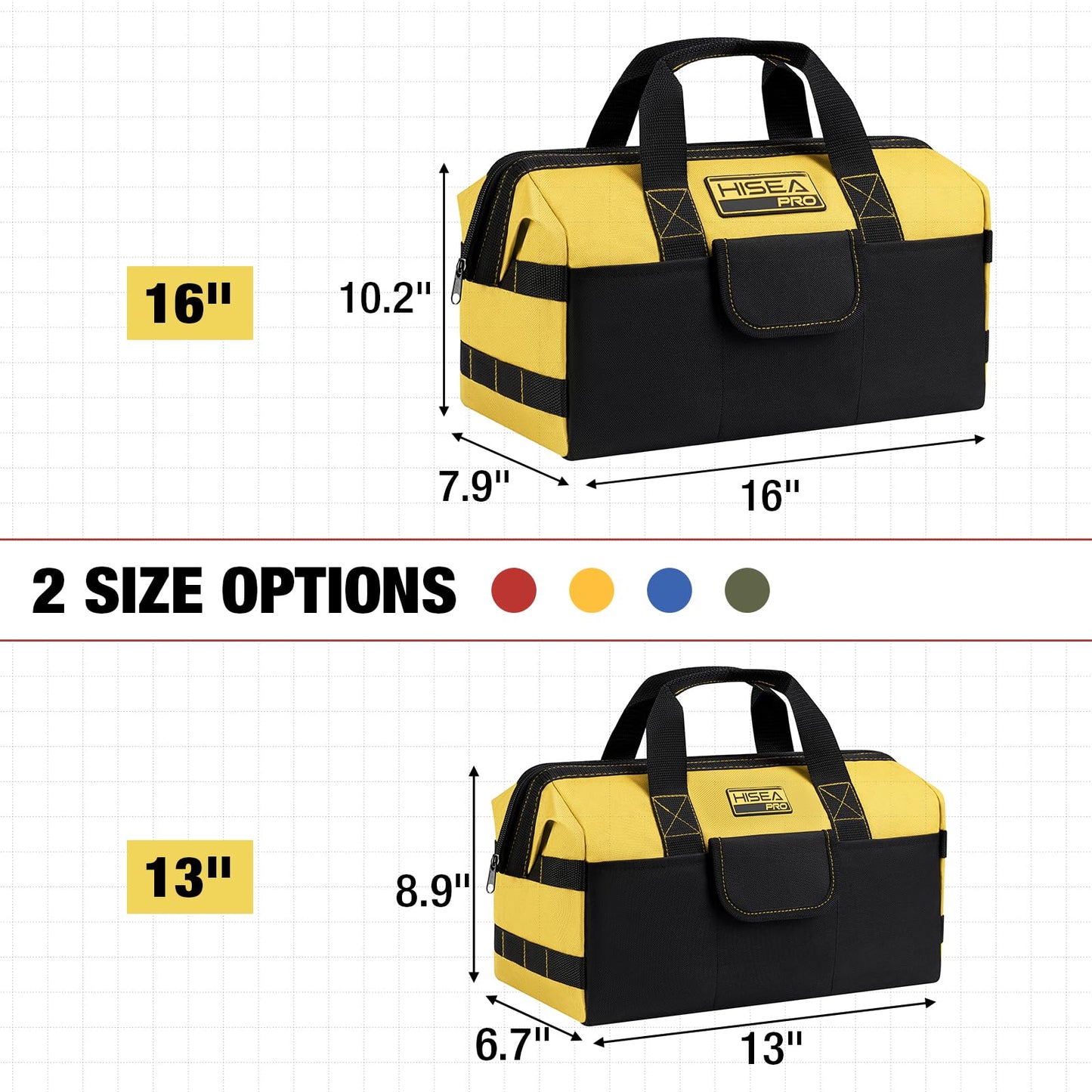 HISEA 3 Pack Heavy Duty Tool Bag with Storage Pockets, 16-Inch Tools Organizer Tote with Wide Base, Water-Resistant Durable Tool Bags with Zipper for Electrician, Tradesman (Red, Yellow, Blue)