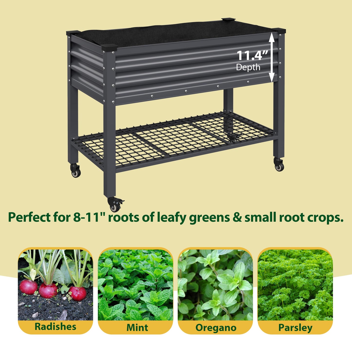BlueWish 48" W x 24" D x 34" H Outdoor Galvanized Garden Bed, Elevate Raised Bed with Detachable Black Liner, Rolling Casters, Storage Shelf, Planter Boxes for Gardening, Vegetable, Flower, Grey