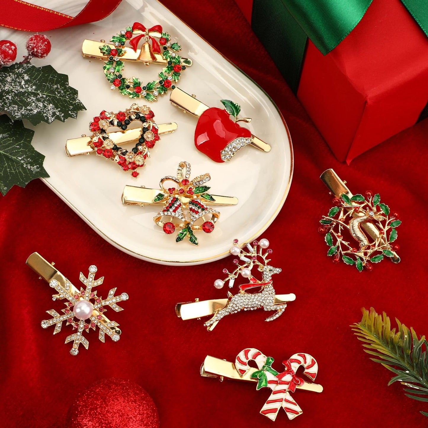 AUGSUN 8Pcs Christmas Rhinestone Hair Clips Barrettes Xmas Crystal Peppermint Snowflake Wreath Reindeer Bell Hairpins Festive Costume Accessories for Women Christmas Holiday Party Gifts